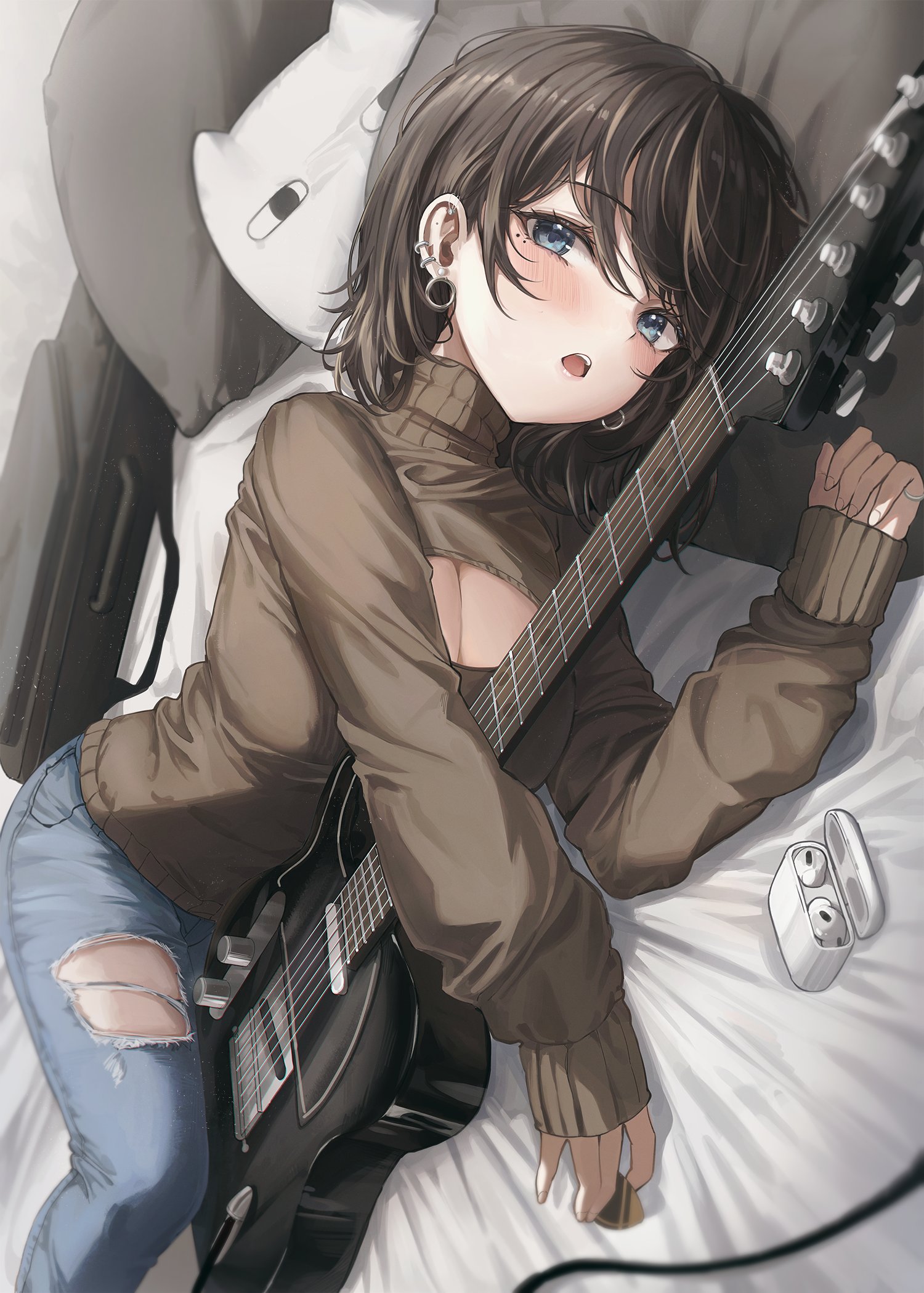 Anime 1500x2100 2GONG anime girls guitar musical instrument blue eyes torn clothes cleavage earphones