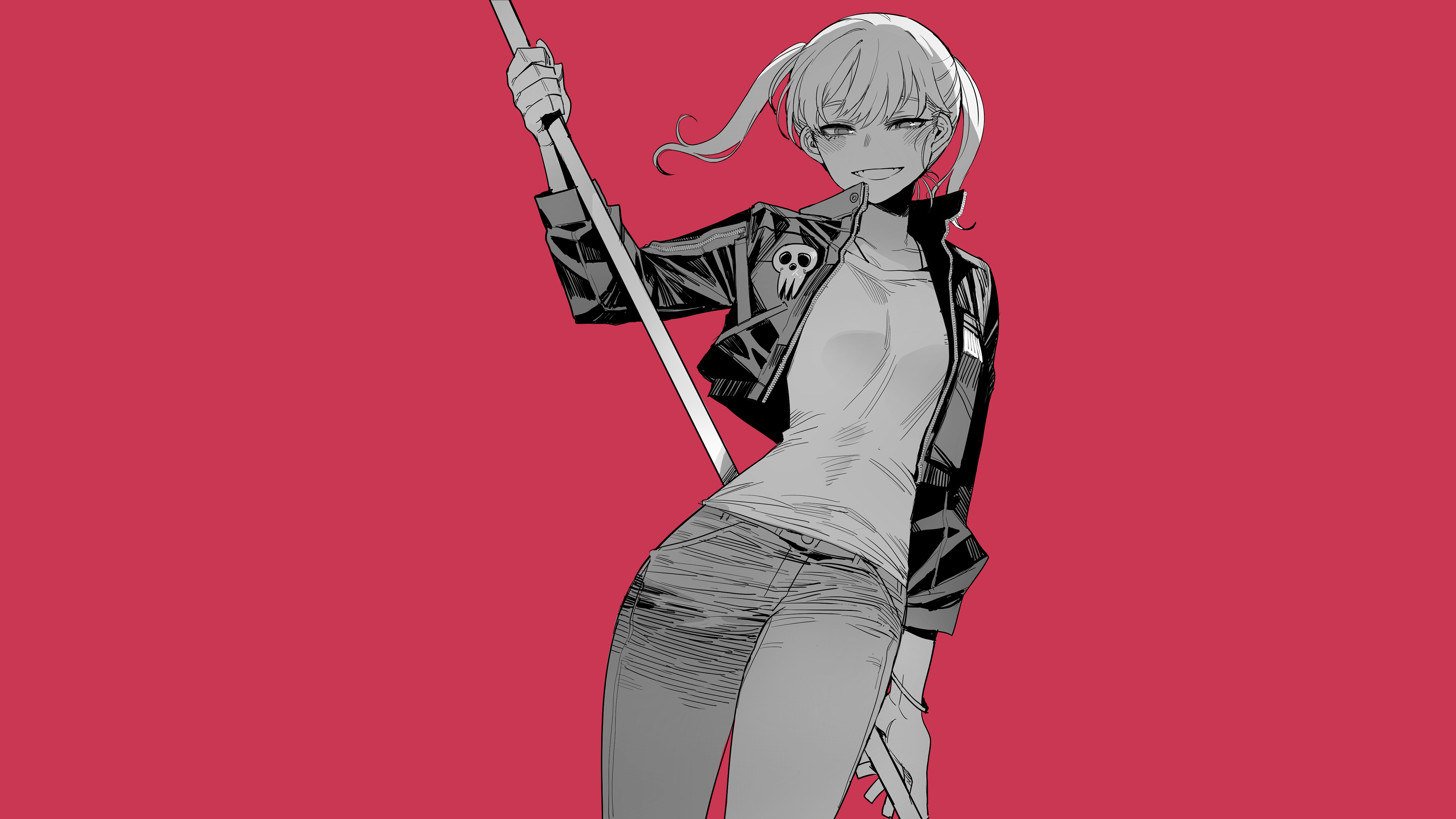 Anime 3840x2160 ratatatat74 Maka Albarn Soul Eater twintails jeans black jackets blonde looking at viewer bracelets red background simple background anime anime girls digital art 2D fan art