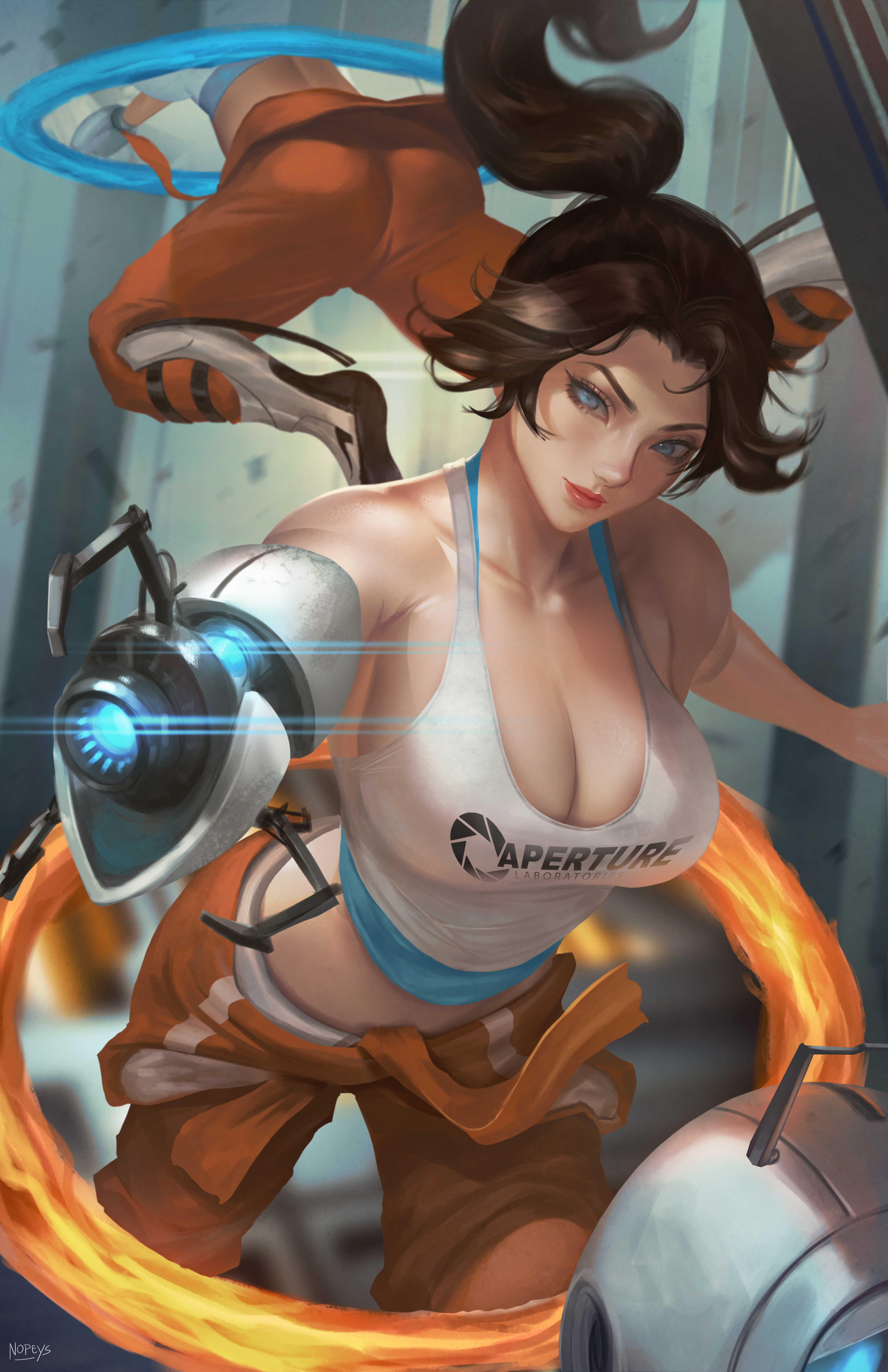 General 3300x5100 Chell Portal (game) video games video game girls brunette video game characters tank top cleavage overalls fantasy girl ponytail 2D artwork drawing fan art Nopeys blue eyes Valve Corporation Aperture Laboratories GLaDOS Portal Gun