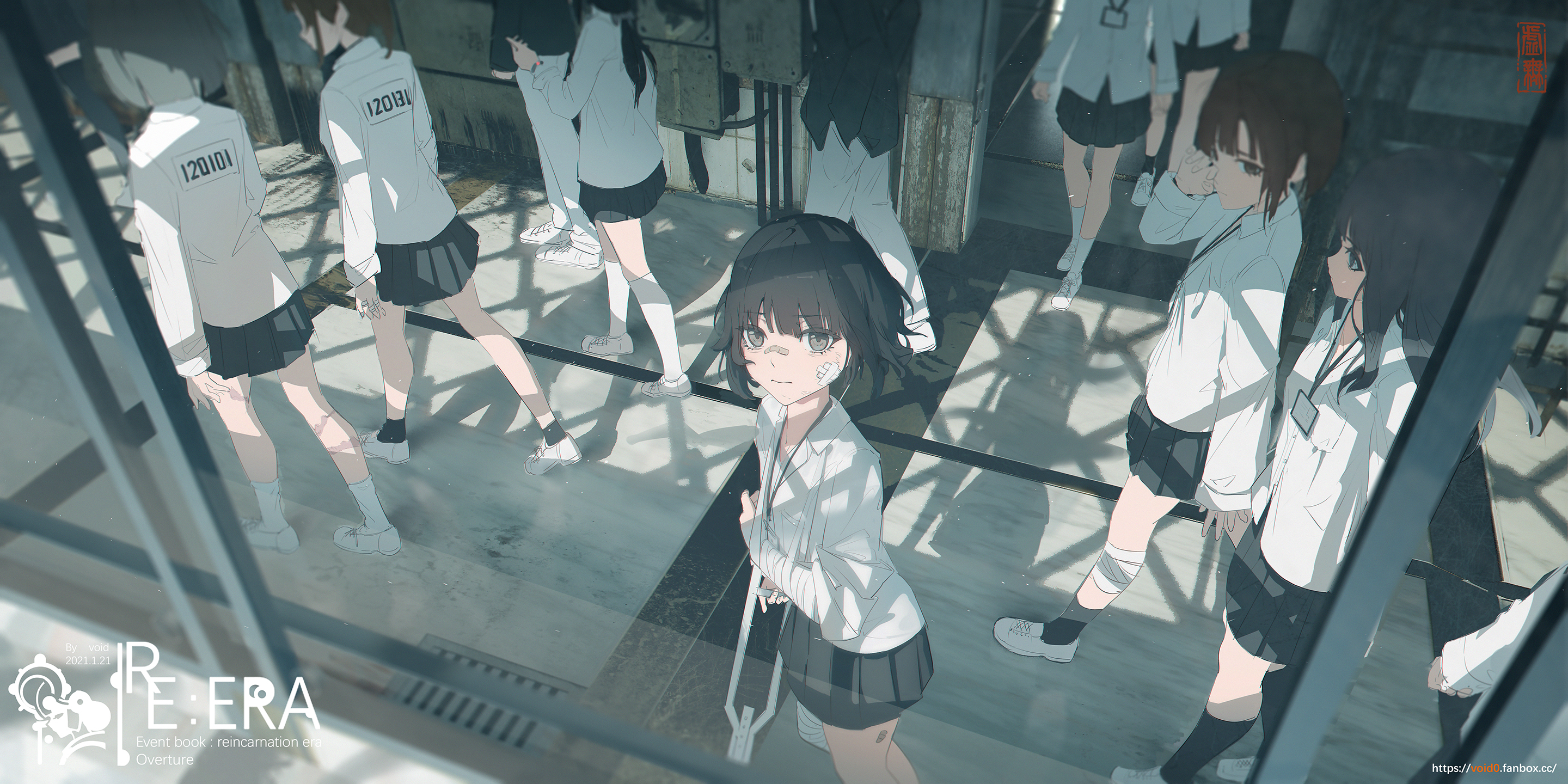 Anime 2880x1440 void_0 original characters Pixiv numbers anime anime games anime girls skirt looking at viewer group of women schoolgirl school uniform high angle