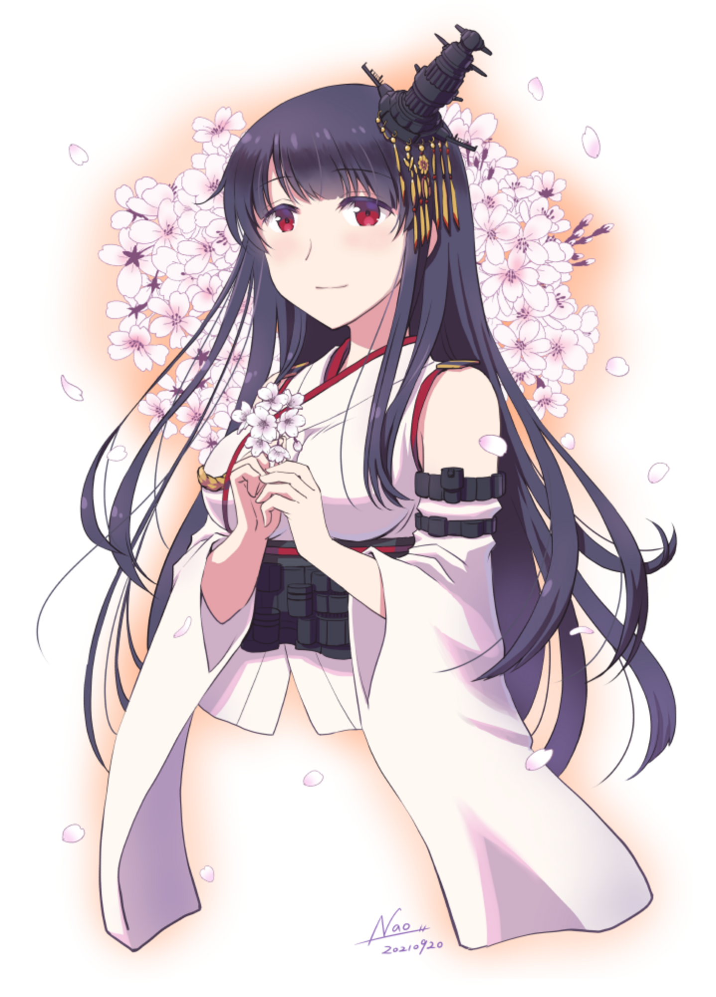 Anime 1438x2000 anime anime girls Kantai Collection Fusou (KanColle) long hair black hair solo artwork digital art fan art flowers