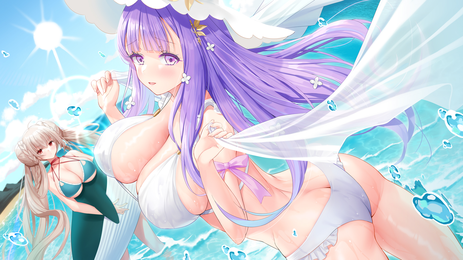 Anime 1600x900 Azur Lane Formidable (Azur Lane) Plymouth (Azur Lane) anime girls ass big boobs bikini water purple hair purple eyes