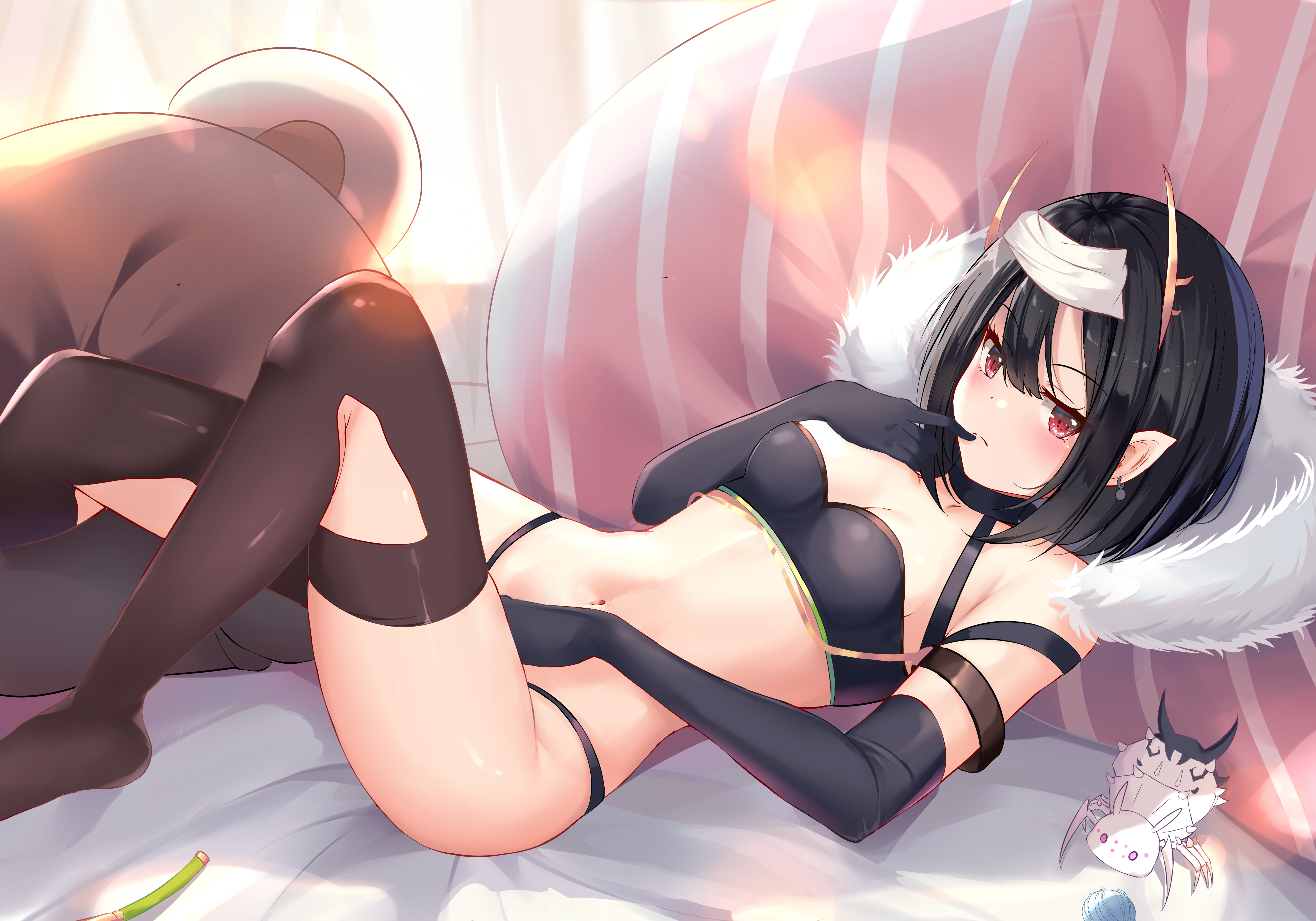 Anime 5000x3500 thigh-highs Kumo Desu ga, Nani ka? lying down pointy ears small boobs stockings anime girls elbow gloves black hair