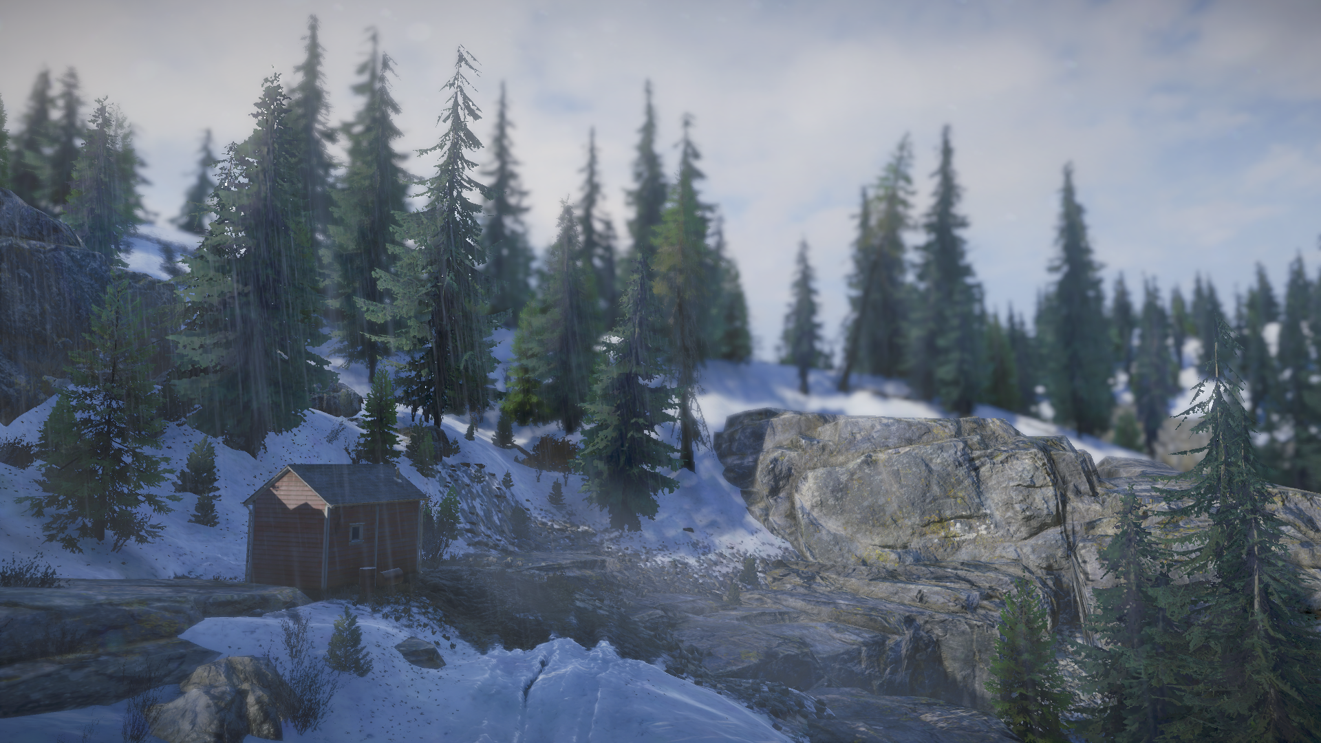 General 1920x1080 Snowrunner Yukon snow trees CGI video games shack