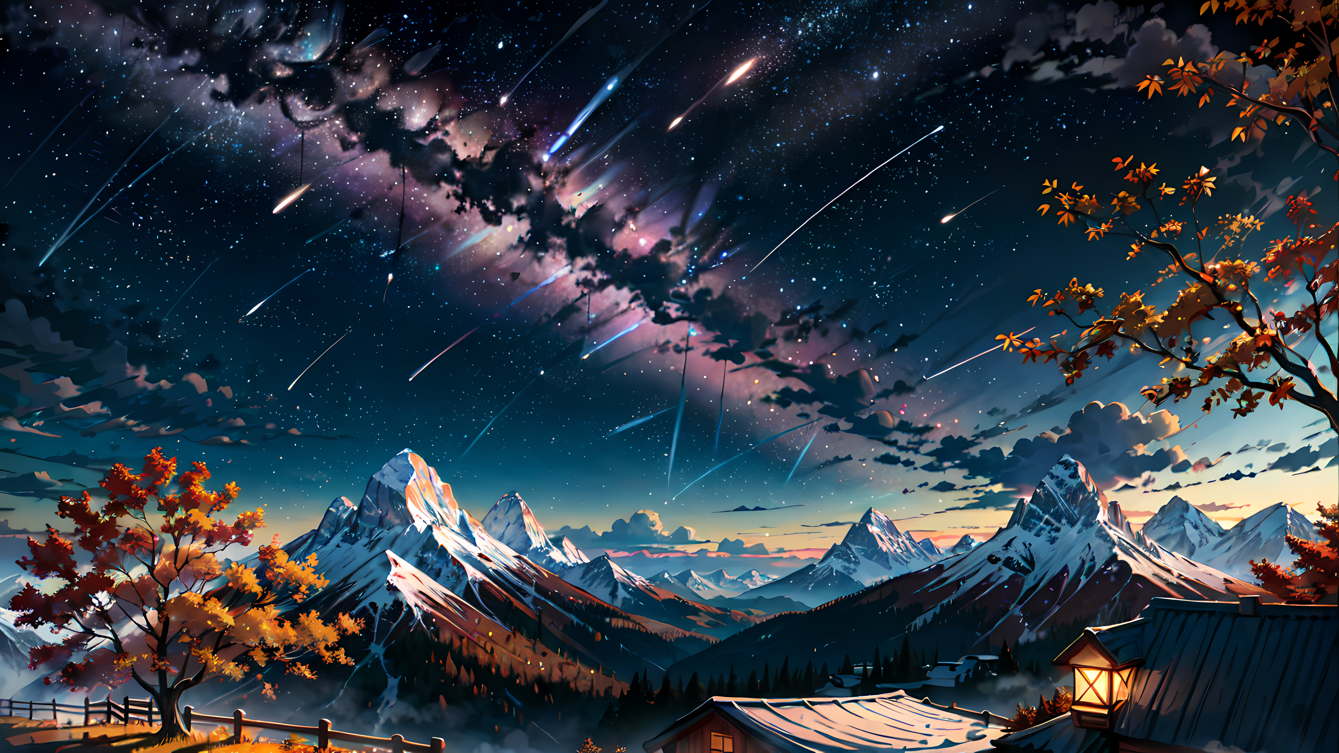 General 5120x2880 AI art maple leaves snowy mountain oil lamp meteor streak outdoors stars mountains snow sky clouds