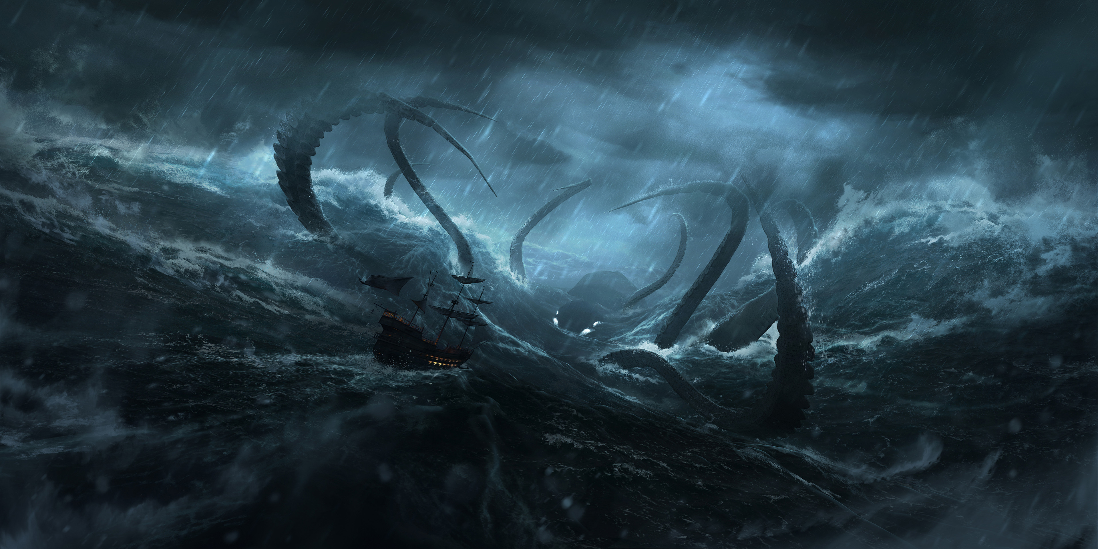 General 3840x1920 sea ship storm waves rain night boat water creature Kraken clouds digital art