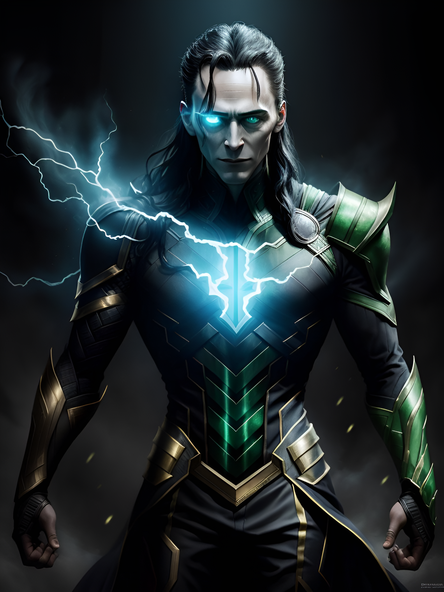 General 1536x2048 AI art Marvel Comics Loki portrait display villains looking at viewer lightning armor glowing eyes