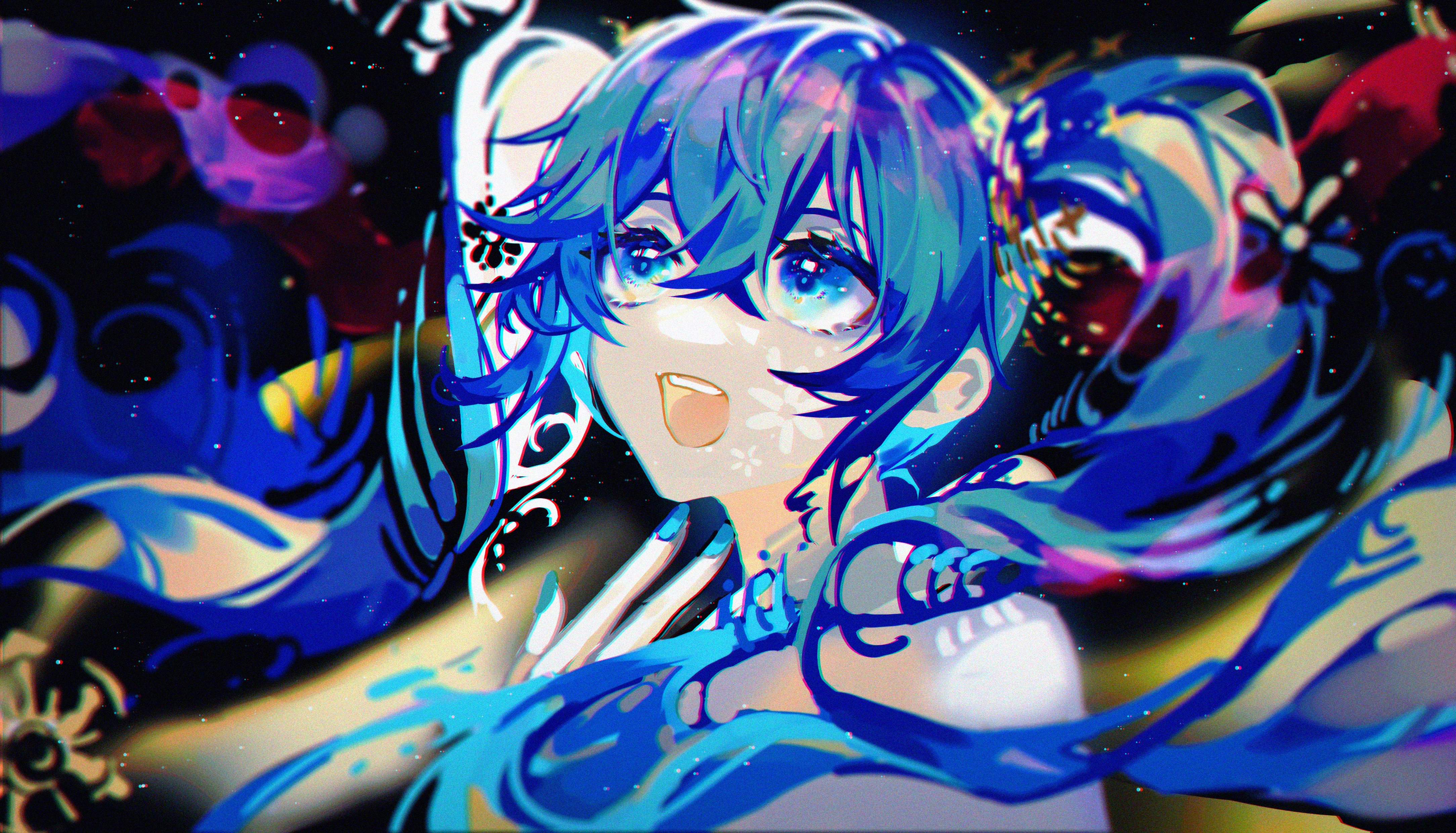 Anime 4335x2480 anime anime girls Hatsune Miku Vocaloid twintails looking up blue hair blue eyes long hair open mouth