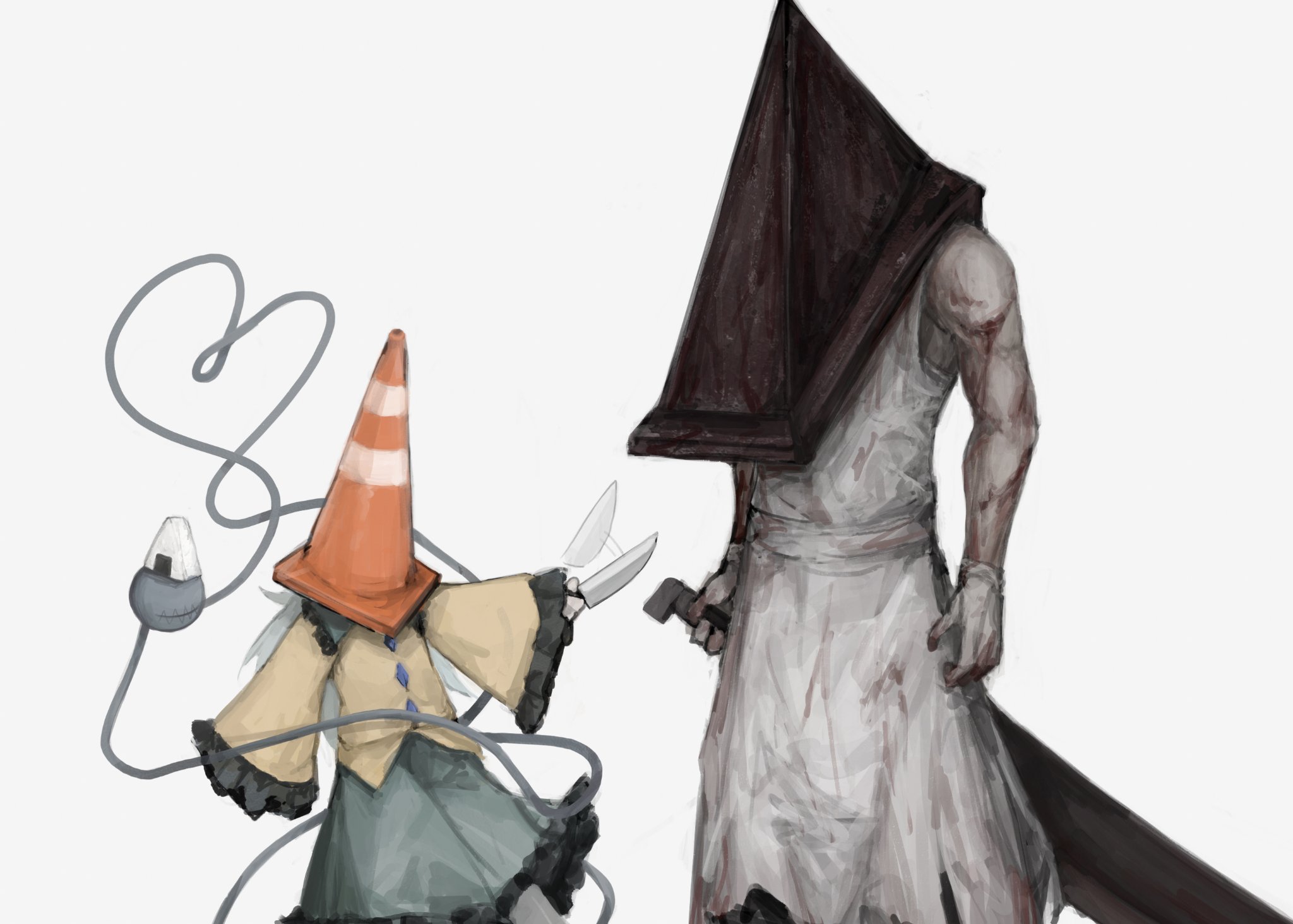 Anime 2048x1463 Touhou Pyramid Head white background traffic cone Onigiri Silent Hill simple background crossover knife humor