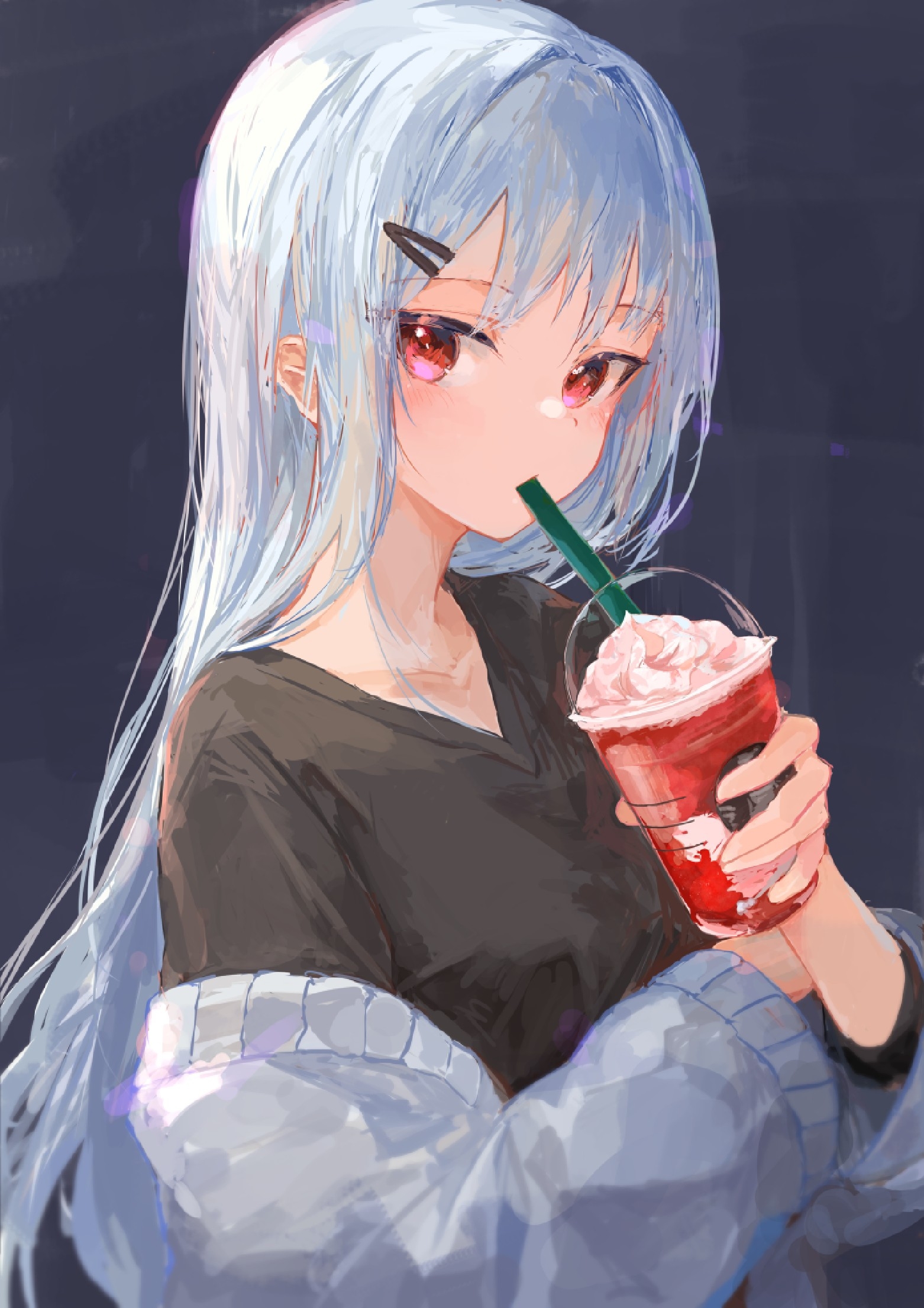 Anime 1562x2210 anime girls white hair portrait display drink looking at viewer long hair simple background minimalism drinking