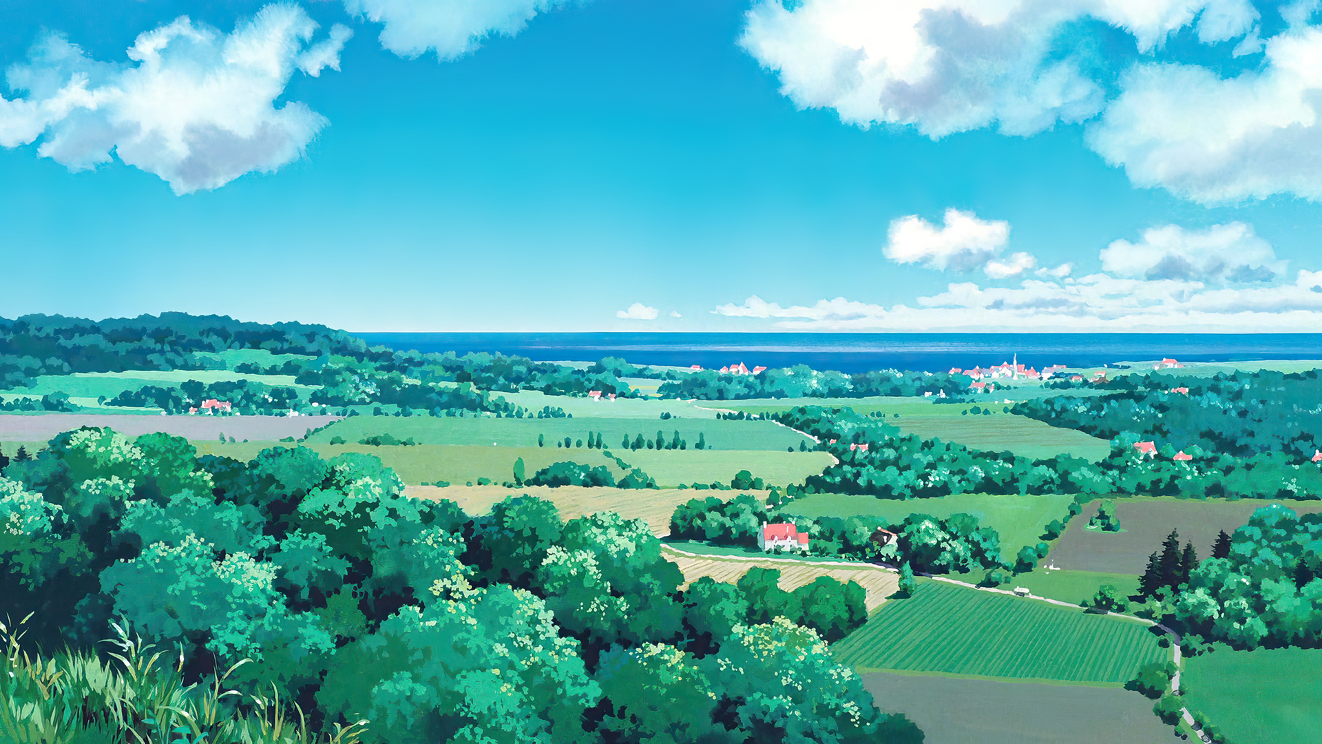 Anime 1920x1080 Kiki's Delivery Service animated movies anime animation film stills Studio Ghibli Hayao Miyazaki sky clouds trees forest rural landscape house sea summer