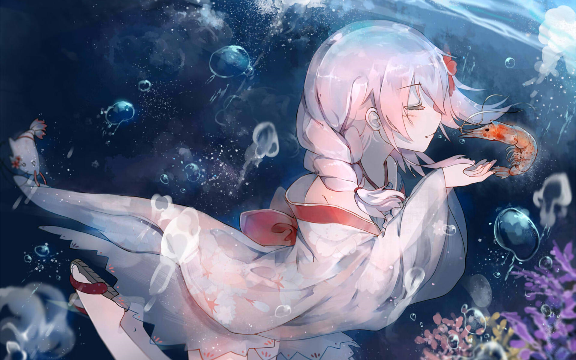 Anime 1920x1200 pink hair anime girls closed eyes shrimp animals underwater water