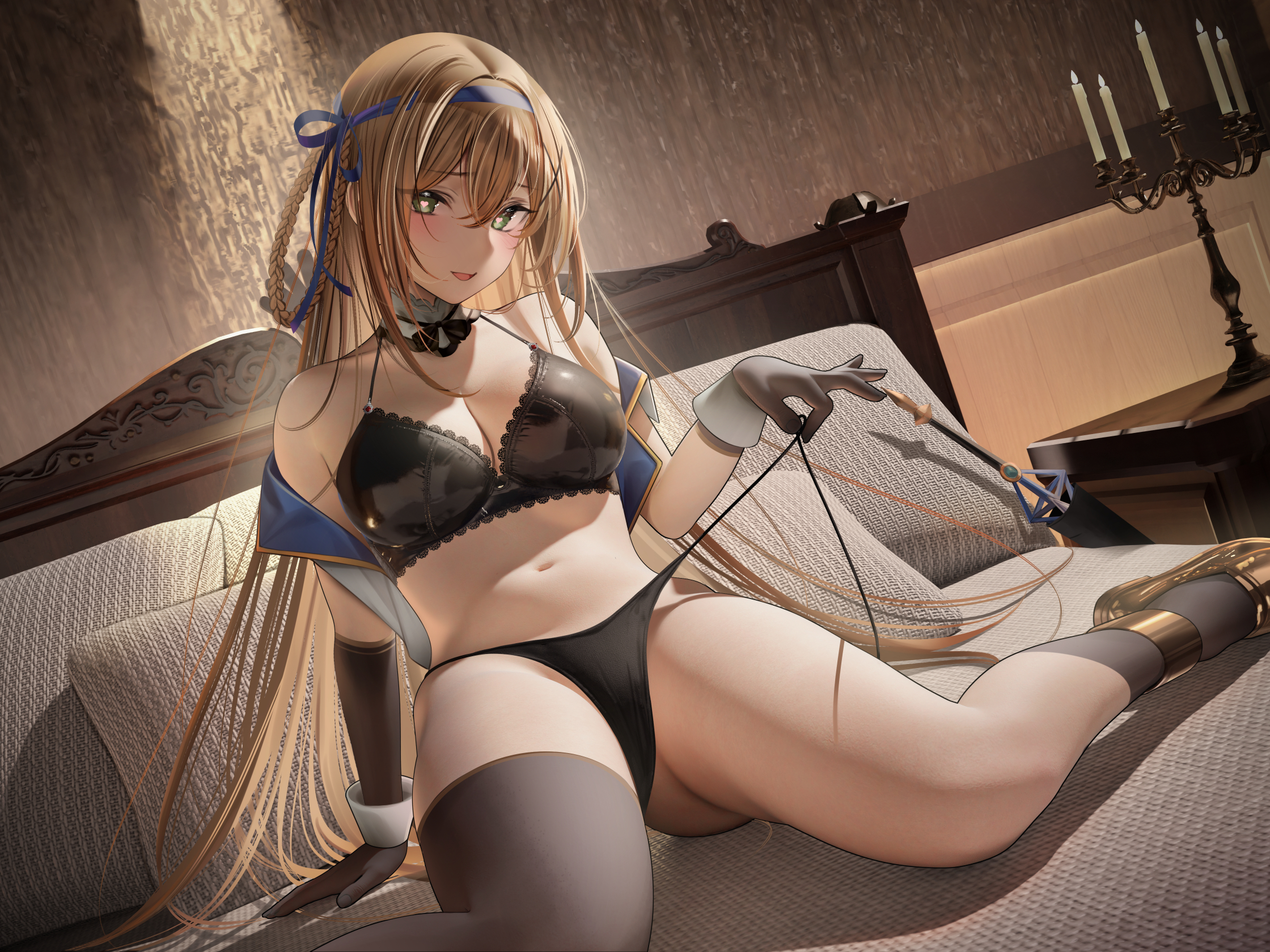 Anime 2240x1680 anime girls blonde bra panties black bras black panties stockings black stockings green eyes heart eyes blushing bangs braids gloves sitting long hair cuffs neck cuff bed pillow pulling panties pulling clothing open clothes lingerie black lingerie elbow gloves wrist cuffs thighs hair ribbon ribbon blue ribbons looking at viewer cleavage candles Arknights Saileach(Arknights)