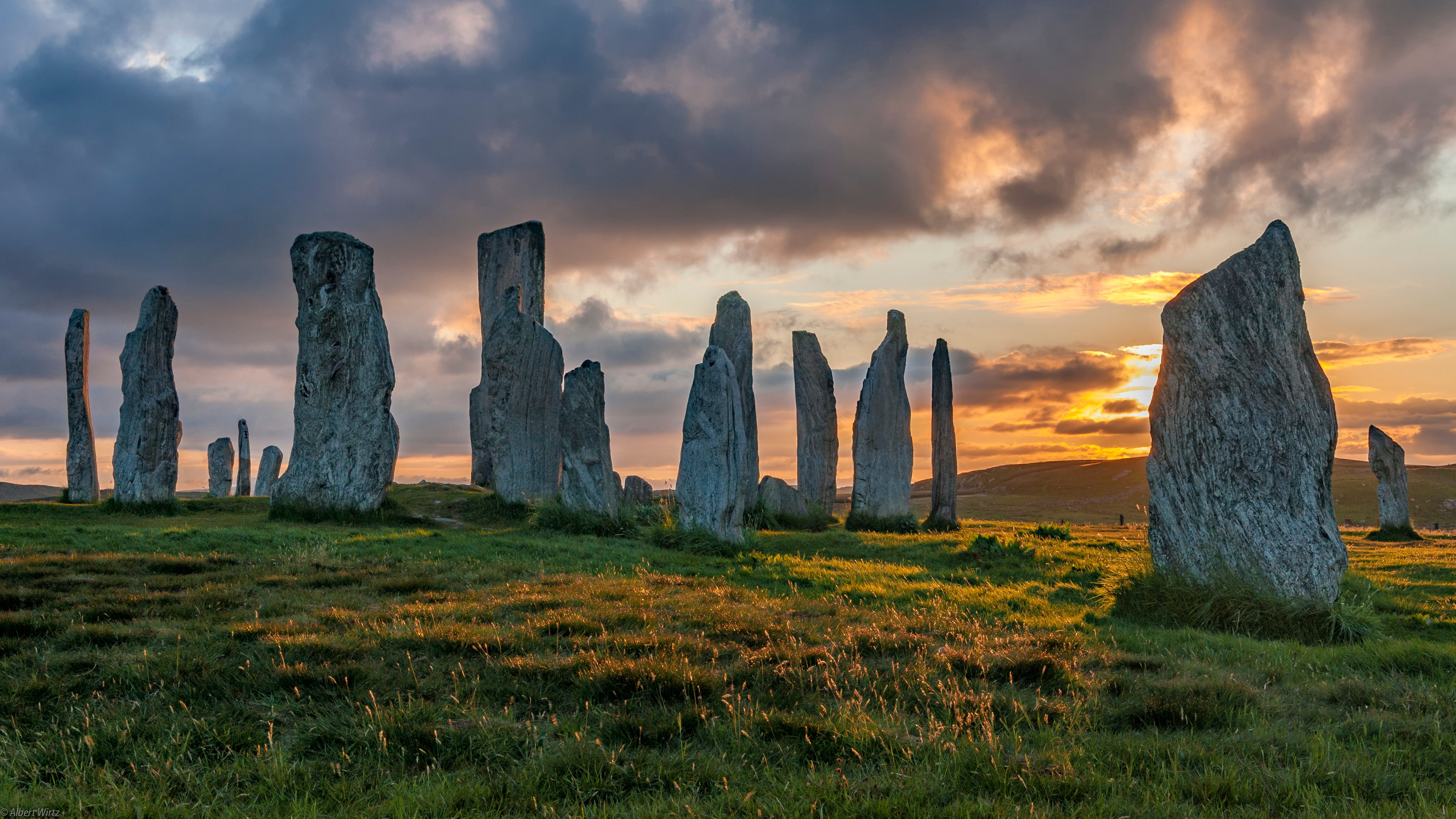 General 3840x2160 nature stones sky grass field clouds Scotland sunset sunset glow