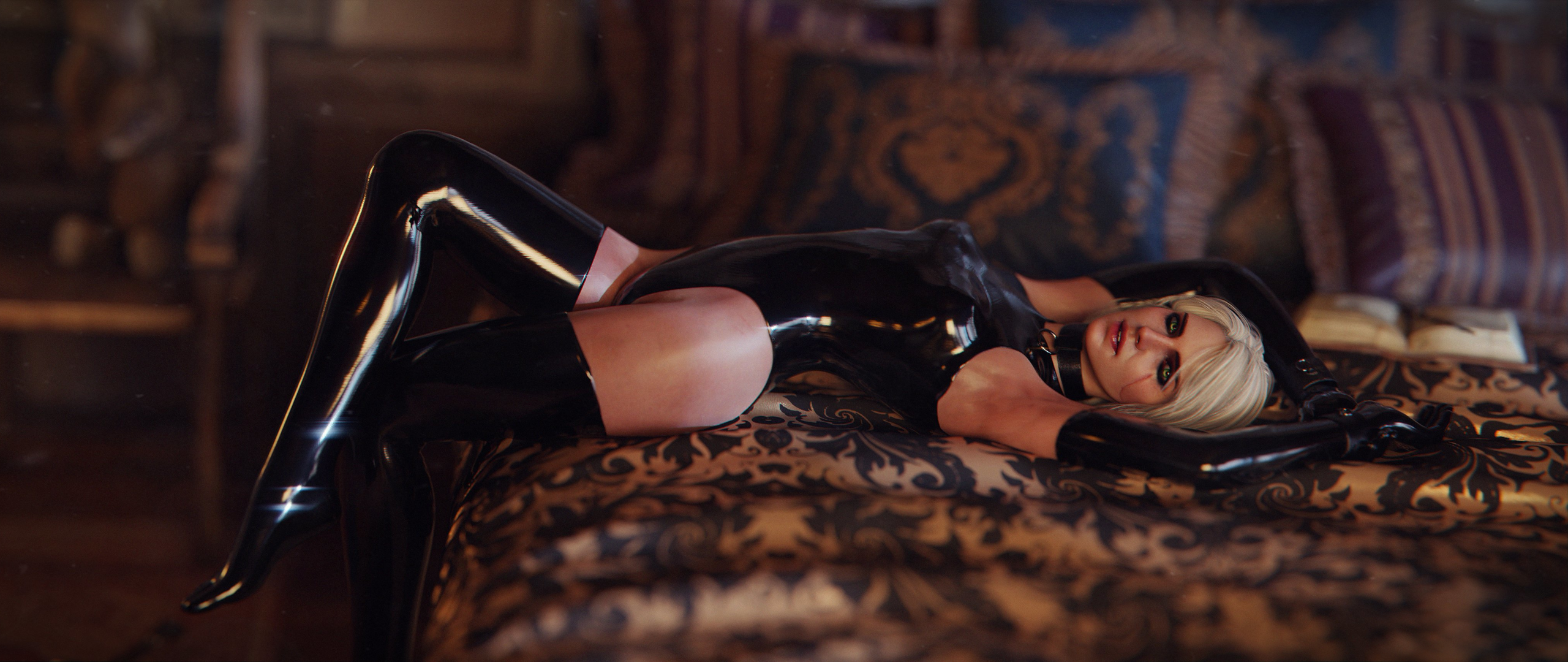 General 2560x1080 Niodreth women artwork The Witcher 3: Wild Hunt Cirilla Fiona Elen Riannon lying on back CGI thighs pillow bed video game characters video game girls video games latex looking at viewer bodysuit