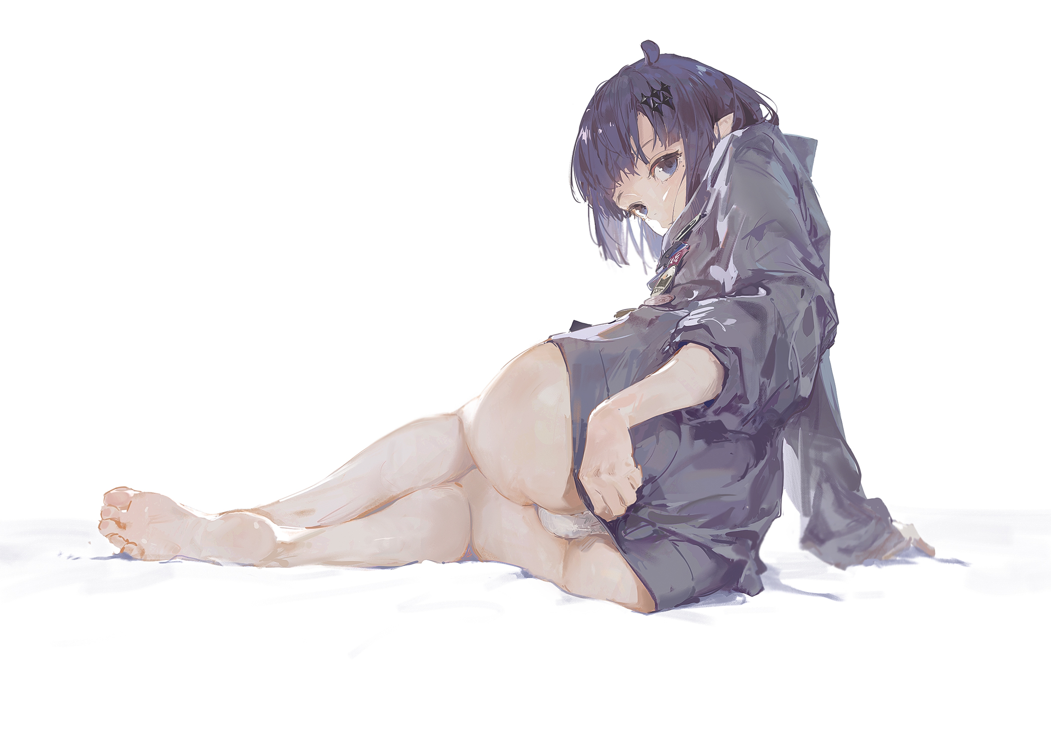 Anime 2115x1500 Virtual Youtuber Hololive Hololive English Ninomae Ina'nis purple hoodie short hair panties barefoot simple background white background ass looking at viewer moles mole under eye pointy ears anime girls