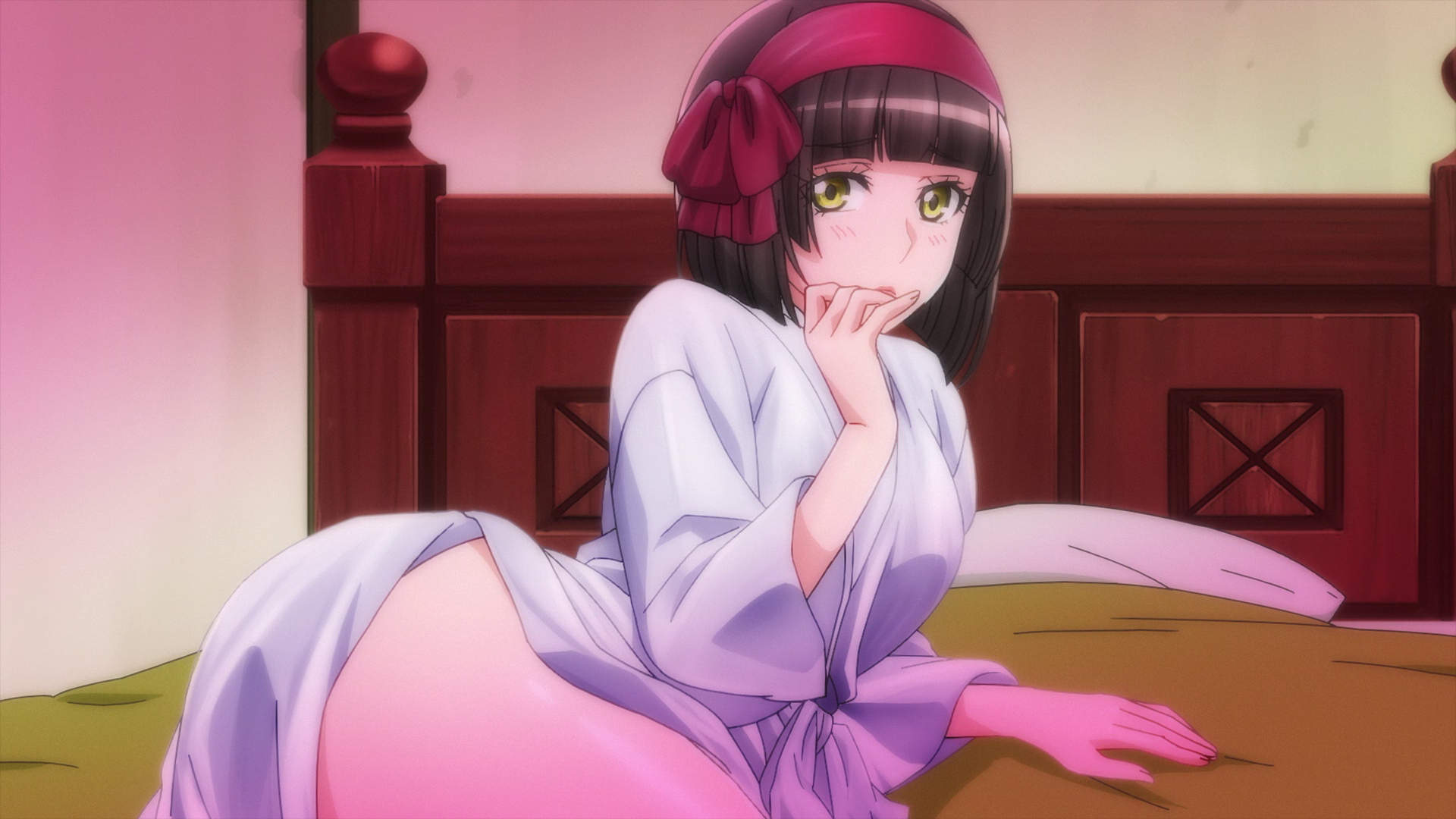 Anime 1920x1080 Tsukimichi: Moonlit Fantasy Mio (Tsukimichi: Moonlit Fantasy) Anime screenshot green eyes dark hair anime girls blushing headband in bedroom in bed Hand on mouth looking at viewer bare hips