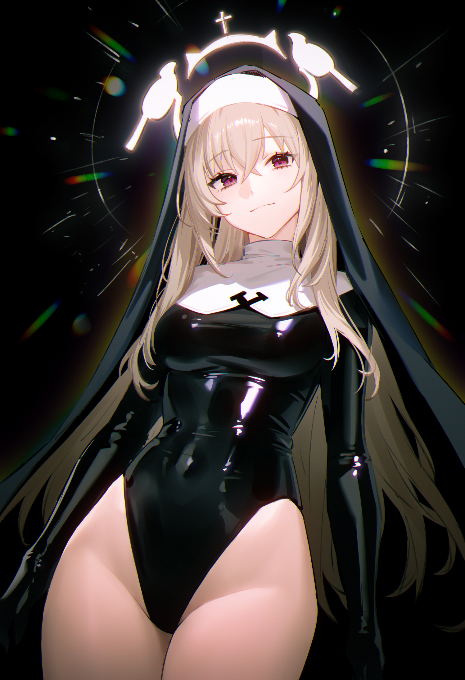 Anime 1498x2189 Blue Archive long hair portrait display leotard Justina Follower (Blue Archive) Sakurako (Blue Archive) looking at viewer 95--- hair between eyes veils simple background latex black background boobs long sleeves red eyes closed mouth smiling blonde nuns cross
