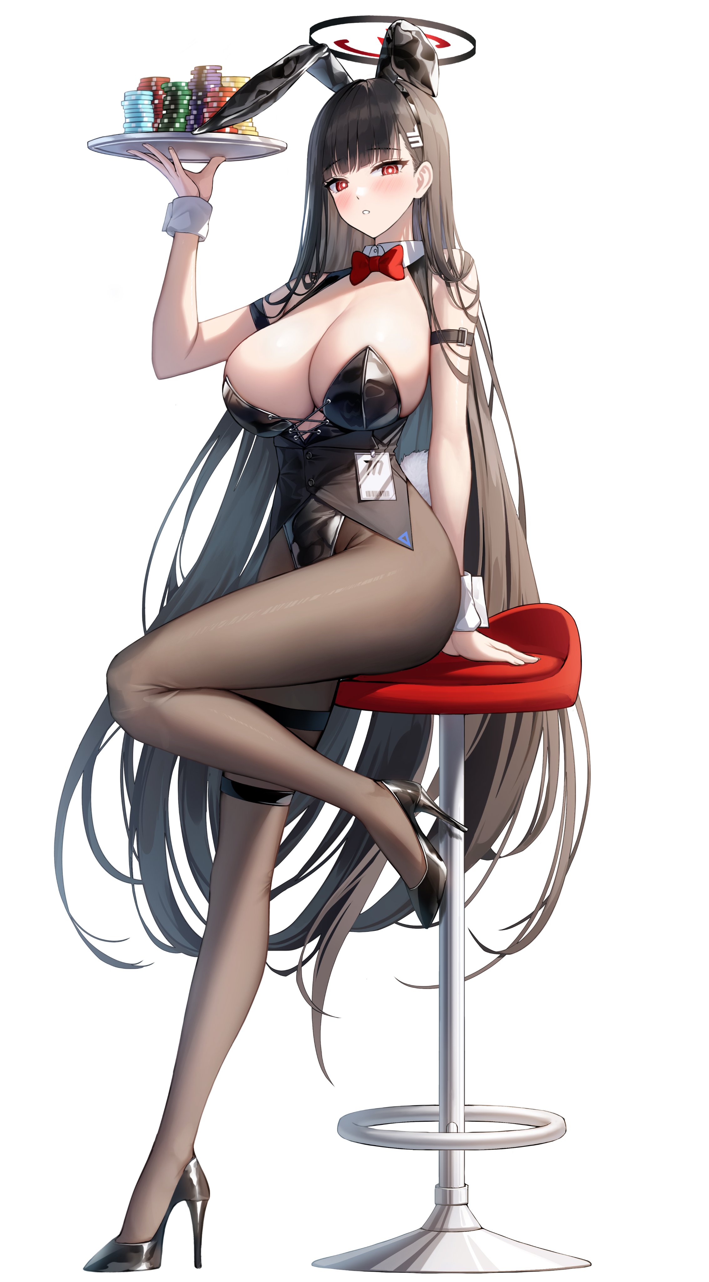 Anime 2266x4096 Blue Archive huge breasts portrait display long hair Tsukatsuki Rio bar stool bunny suit poker chips looking at viewer stools white background hair clip simple background leotard black pantyhose cleavage strapless leotard blushing bunny girl Torrentduck high heels arm support black leotard red bow bunny ears black heels one arm up bunny tail black vest parted lips hair ornament heels