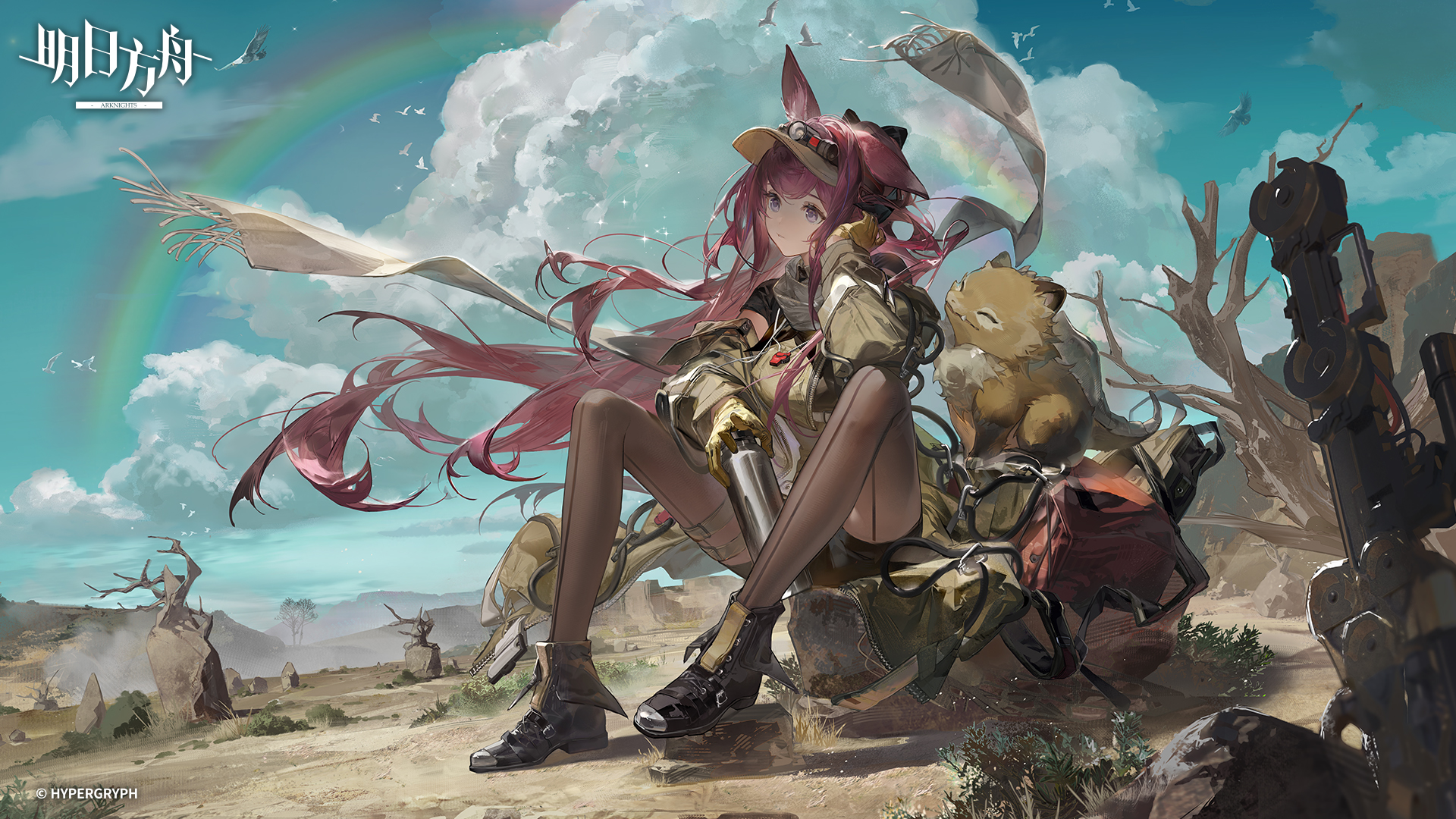 Anime 1920x1080 Arknights Ray (Arknights) sky clouds birds rainbows scarf wind sitting