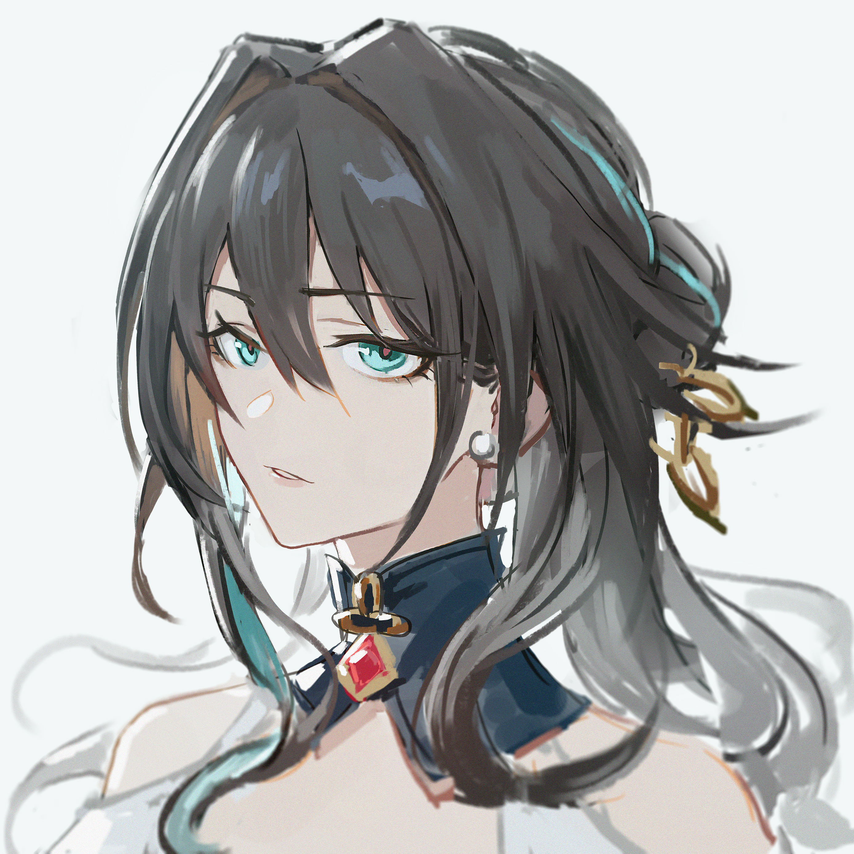 Anime 2778x2778 anime Honkai: Star Rail Ruan Mei (Honkai: Star Rail) anime girls parted lips simple background earring white background face looking at viewer long hair brunette two tone hair expressionless blue eyes Lingear