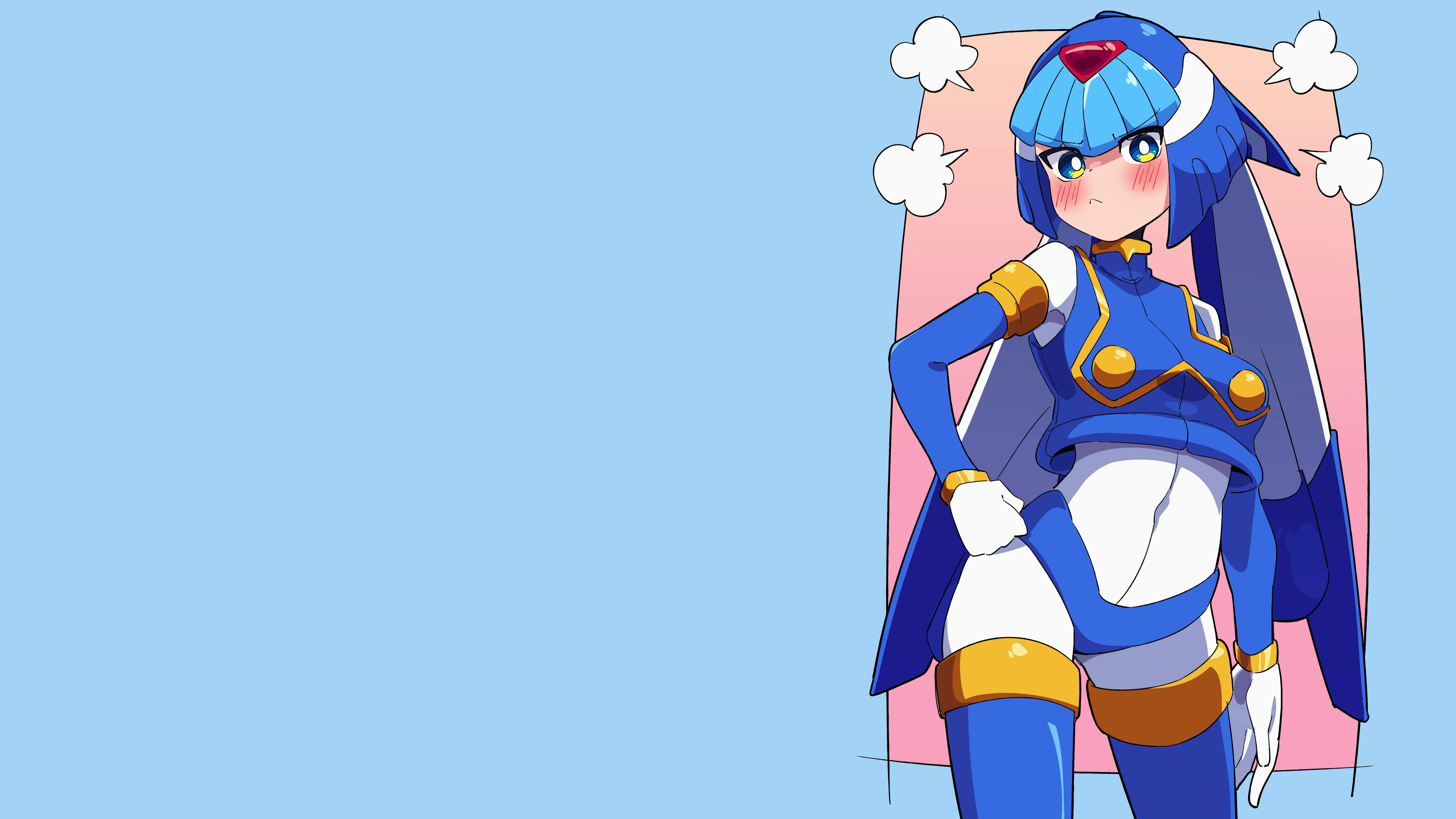Anime 7282x4096 video games video game girls Capcom bare shoulders simple background blue background bangs blunt bangs thighs hips hands on hips wide hips belly button belly robot crop top arm warmers elbow gloves blushing embarrassed angry thigh-highs blue eyes jewel helmet Leviathan (Megaman Zero) Megaman Zero gloves white gloves
