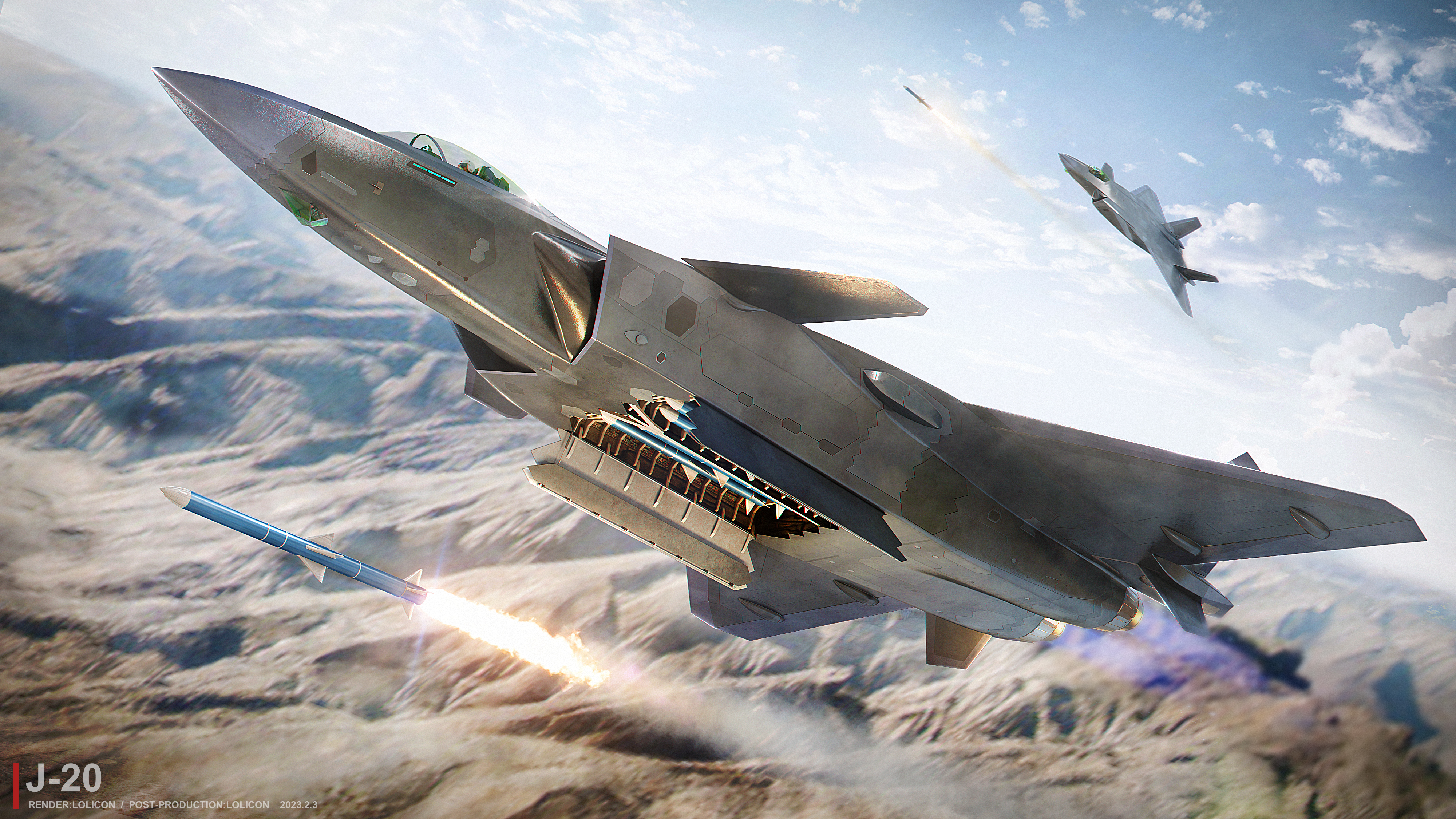 General 4000x2250 artwork CGI Chengdu J-20 Chinese aircraft jet fighter military mountains