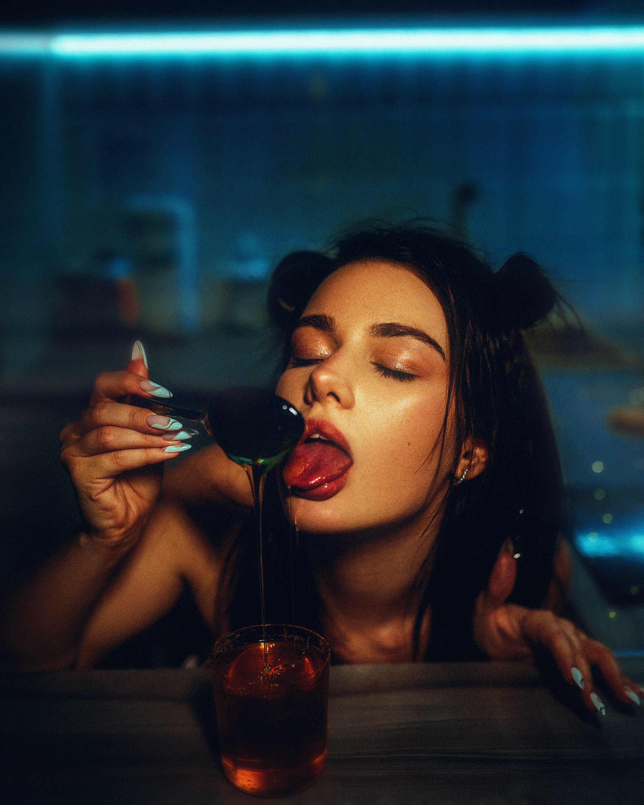 People 2048x2560 Alex Wolf women honey eating kitchen painted nails tongue out fake nails suggestive closed eyes closeup portrait display