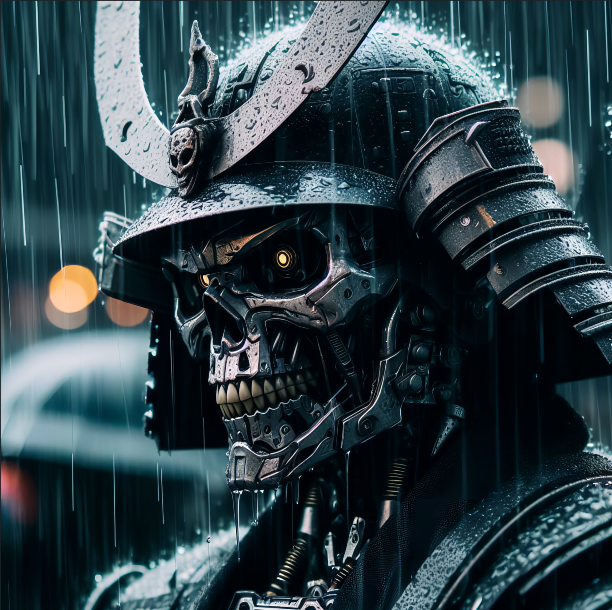 General 1958x1951 samurai rain robot skull face AI art