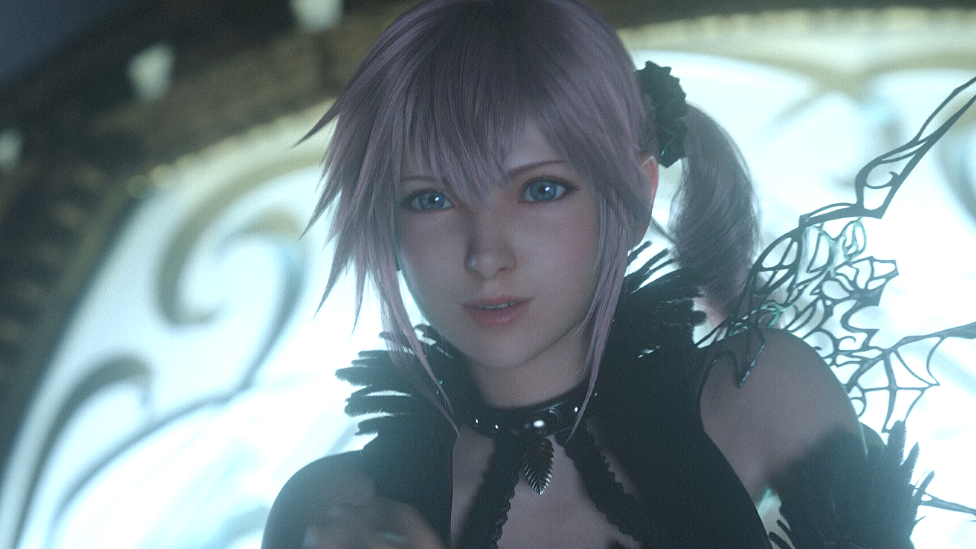 General 1920x1080 Final Fantasy XIII Final Fantasy blue eyes blonde pink hair ponytail choker black clothing black dress feathers women video game characters video games Square Enix Lumina gothic lolita noise video game girls video game art screen shot parted lips side ponytail hair between eyes bright CGI face