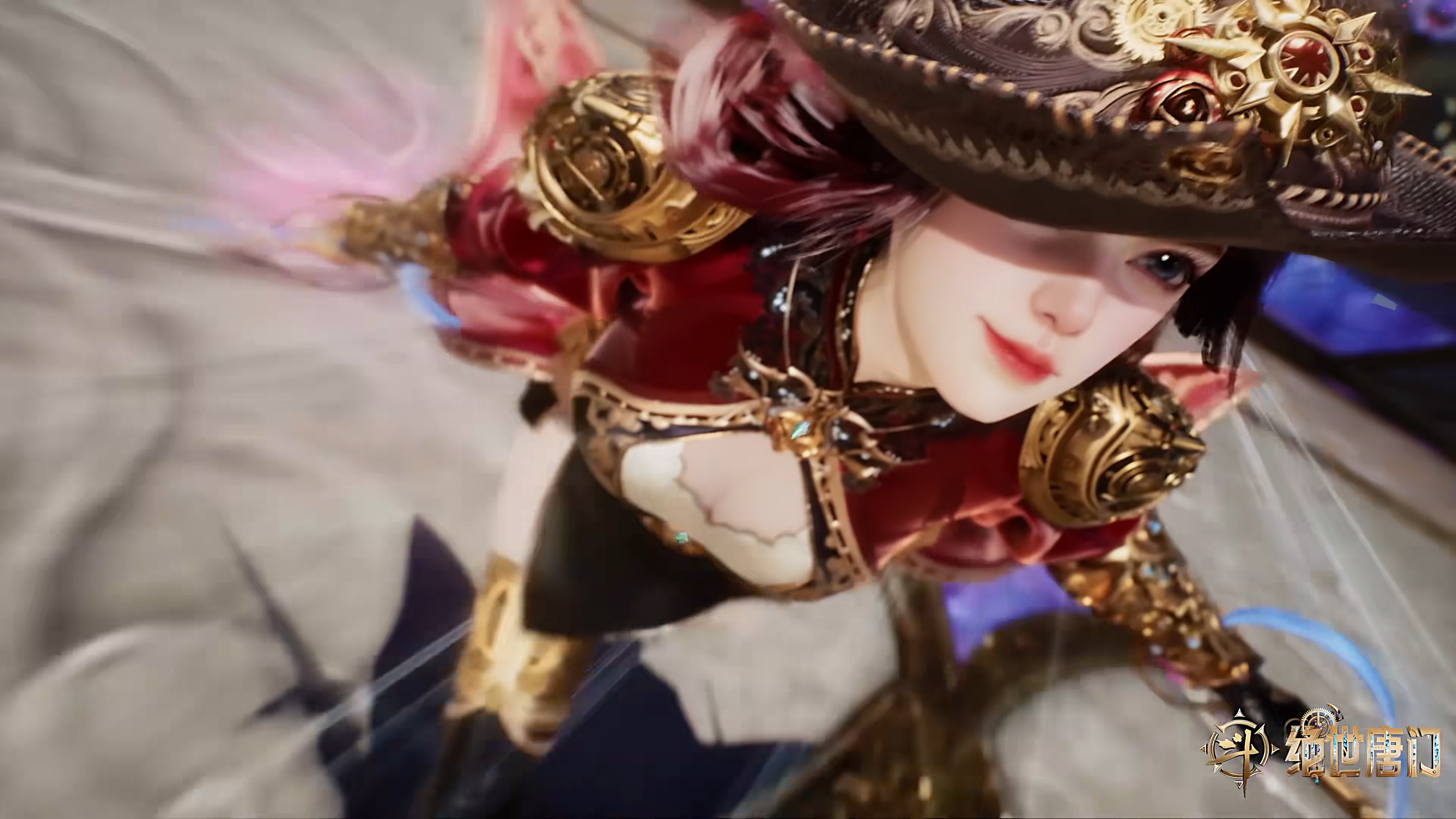 General 3840x2160 Dou Luo Da Lu Jue Shi Tang Men title fantasy girl fantasy art Chinese cartoon CGI hat women with hats motion blur blurred closed mouth smiling one eye obstructed running dual wield weapon sword women with swords looking away blue eyes closeup