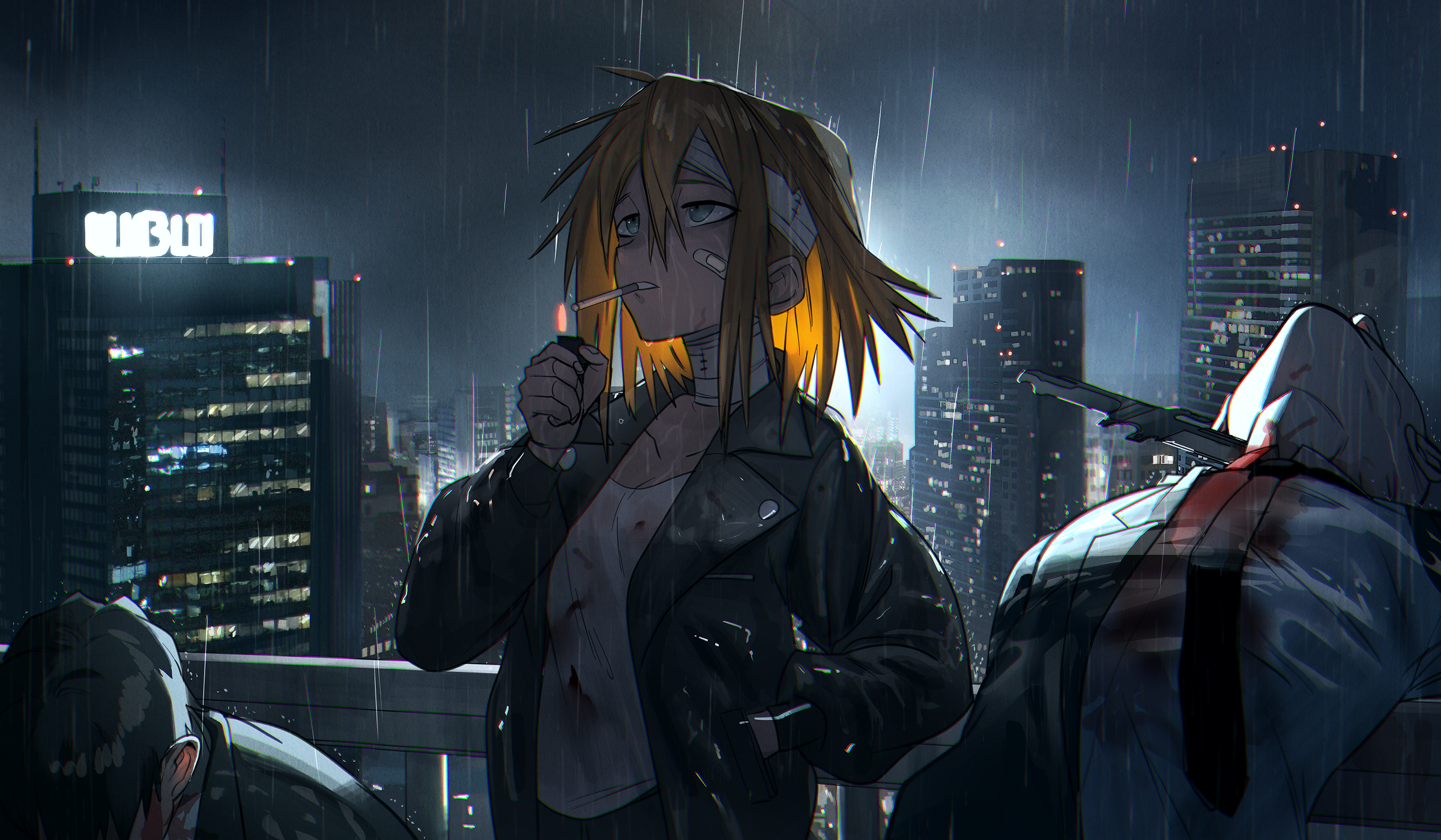 Anime 2400x1400 Munakata original characters rain cigarettes lighter blonde anime anime girls blue eyes bandages looking up band-aid cityscape rooftops white shirt jacket blood spatter blood stains knife railing