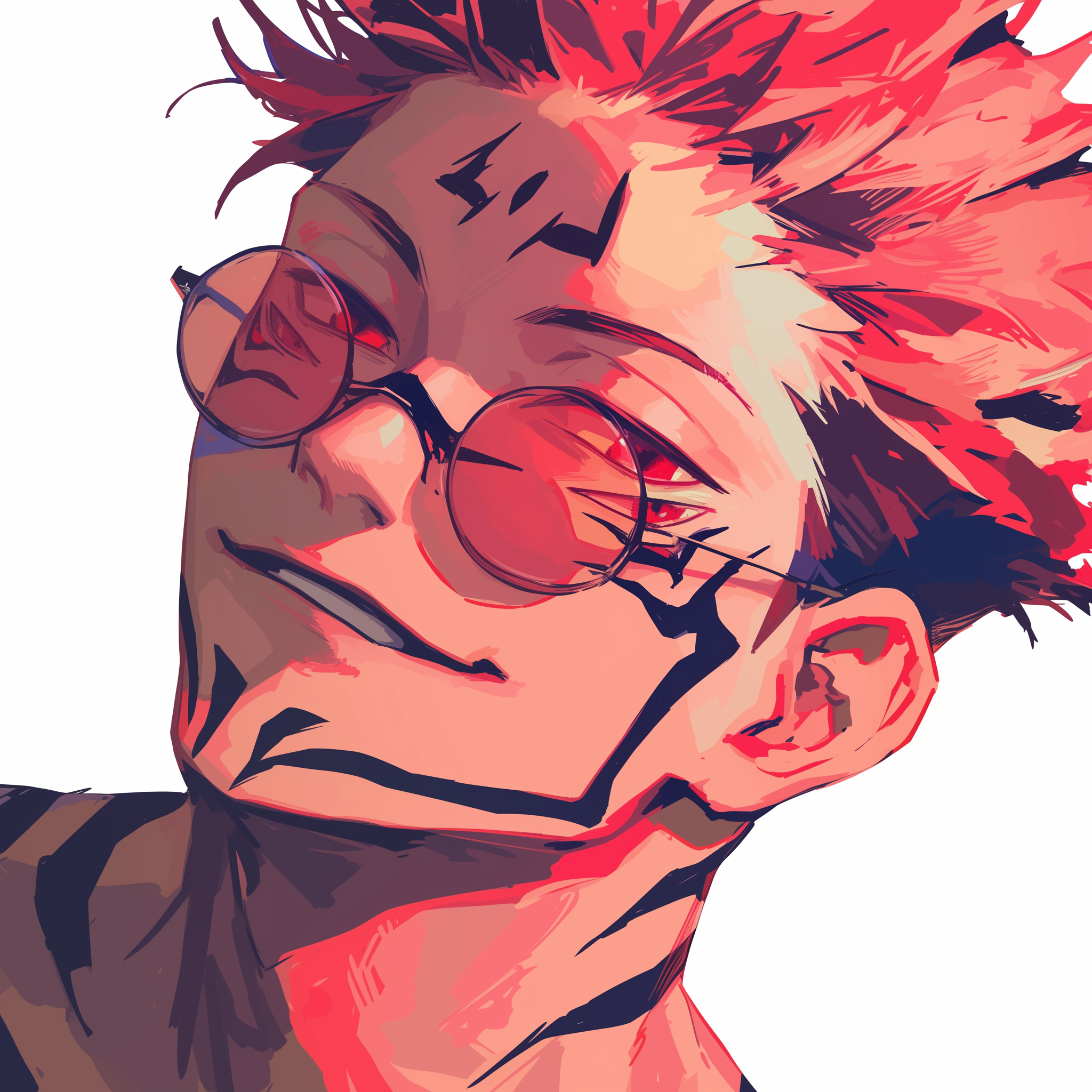 Anime 2048x2048 Jujutsu Kaisen Ryomen Sukuna AI art glasses pink glasses looking at viewer tattoo simple background closeup parted lips short hair pink hair red eyes face anime boys smiling white background