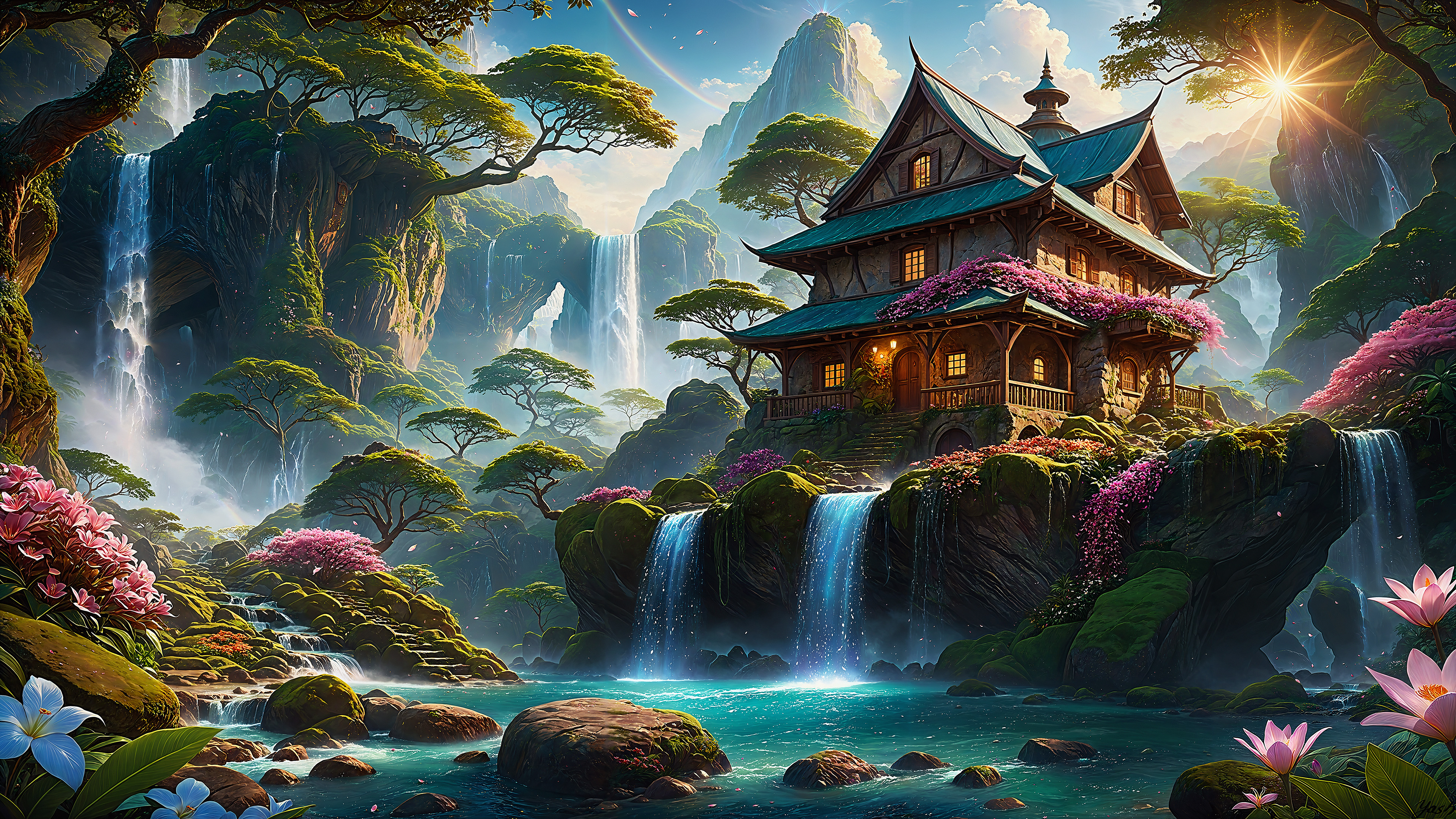 General 3840x2160 AI art landscape nature fantasy houses waterfall