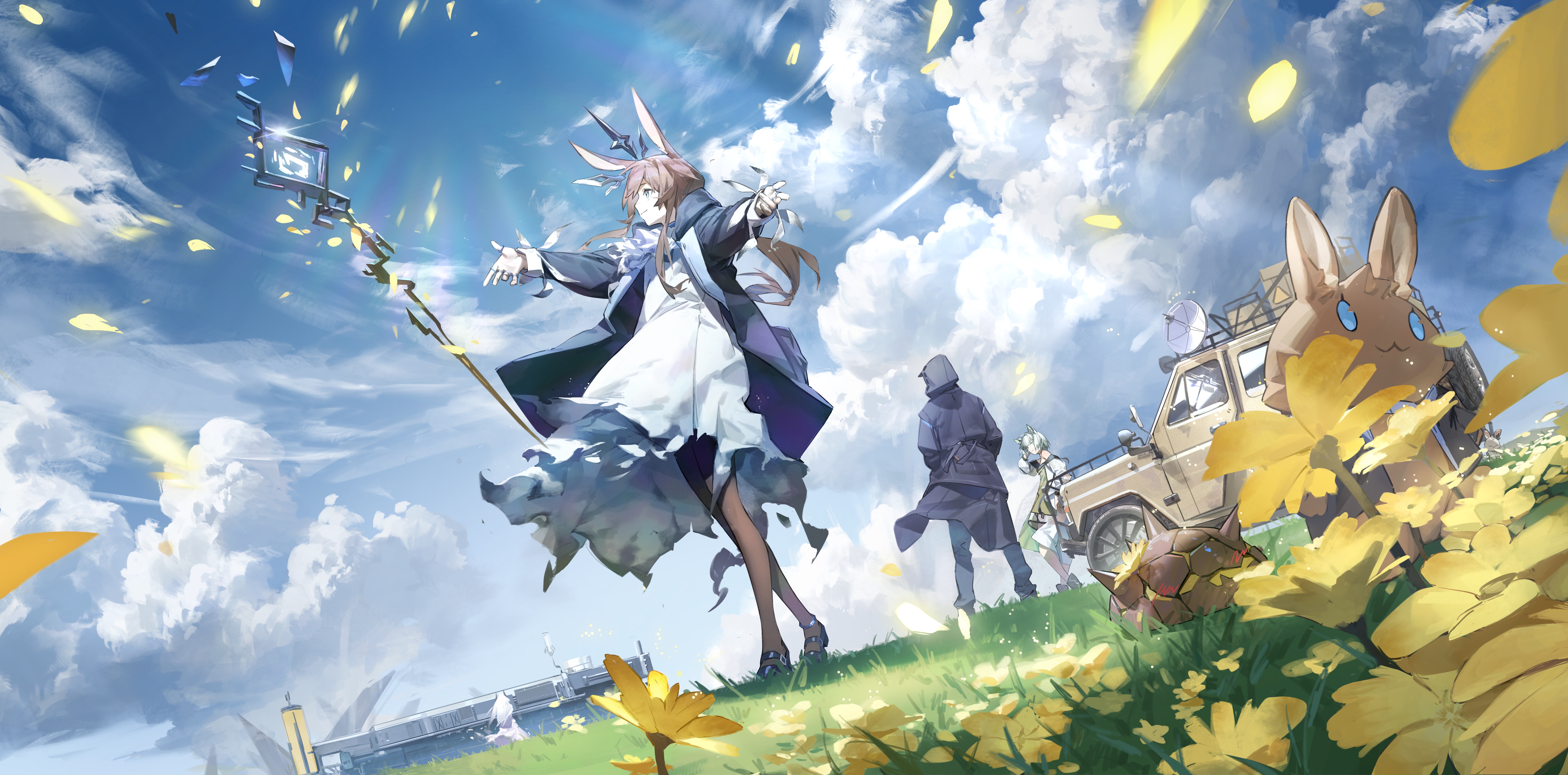 Anime 7142x3530 Arknights animal ears Amiya (Arknights) clouds Doctor (Arknights) coats Kal'tsit (Arknights) grass low-angle group of people flowers sky car yellow flowers cumulus