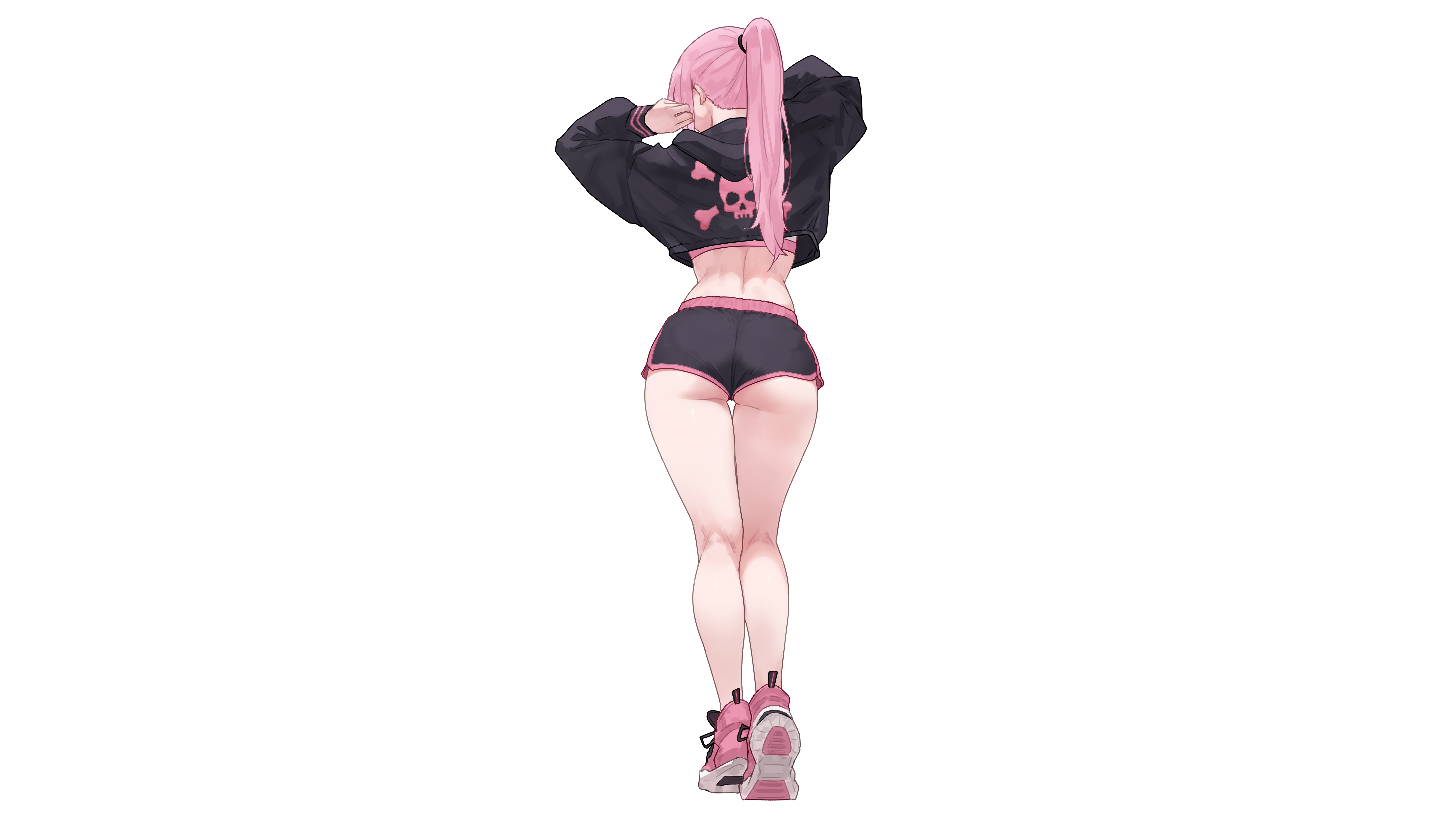 Anime 7680x4320 bluefield Mori Calliope Hololive anime anime girls pink hair ponytail black jackets bare midriff arms up short shorts dolphin shorts tight shorts black shorts pink sneakers thighs ass simple background white background fan art digital art 2D skull and bones Virtual Youtuber Hololive English whole body rear view standing rear view shoe sole standing thighs together