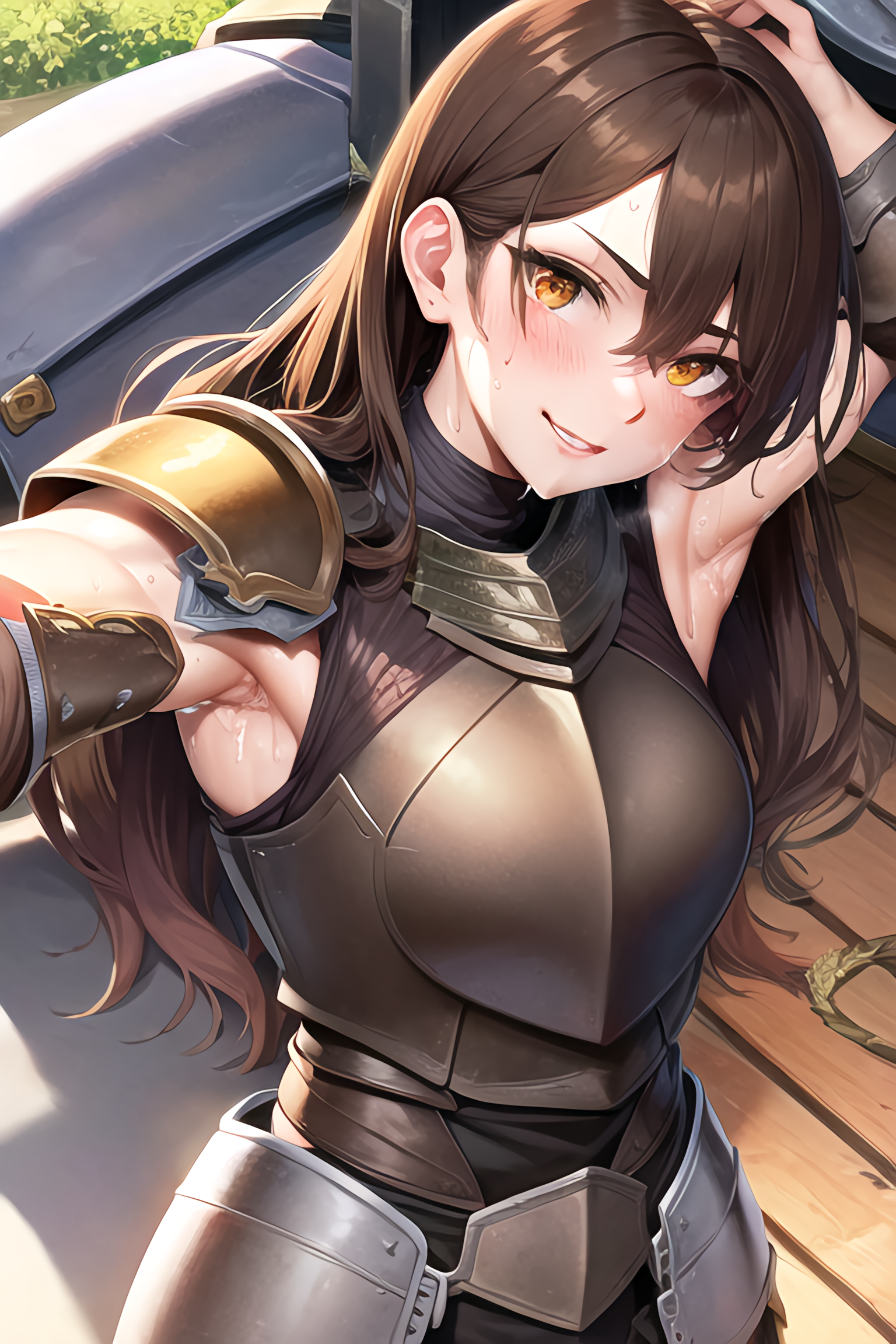 Anime 1536x2304 AI art anime anime girls knight long hair brunette solo artwork digital art original characters portrait display looking at viewer brown eyes armpits armor blushing smiling sweat