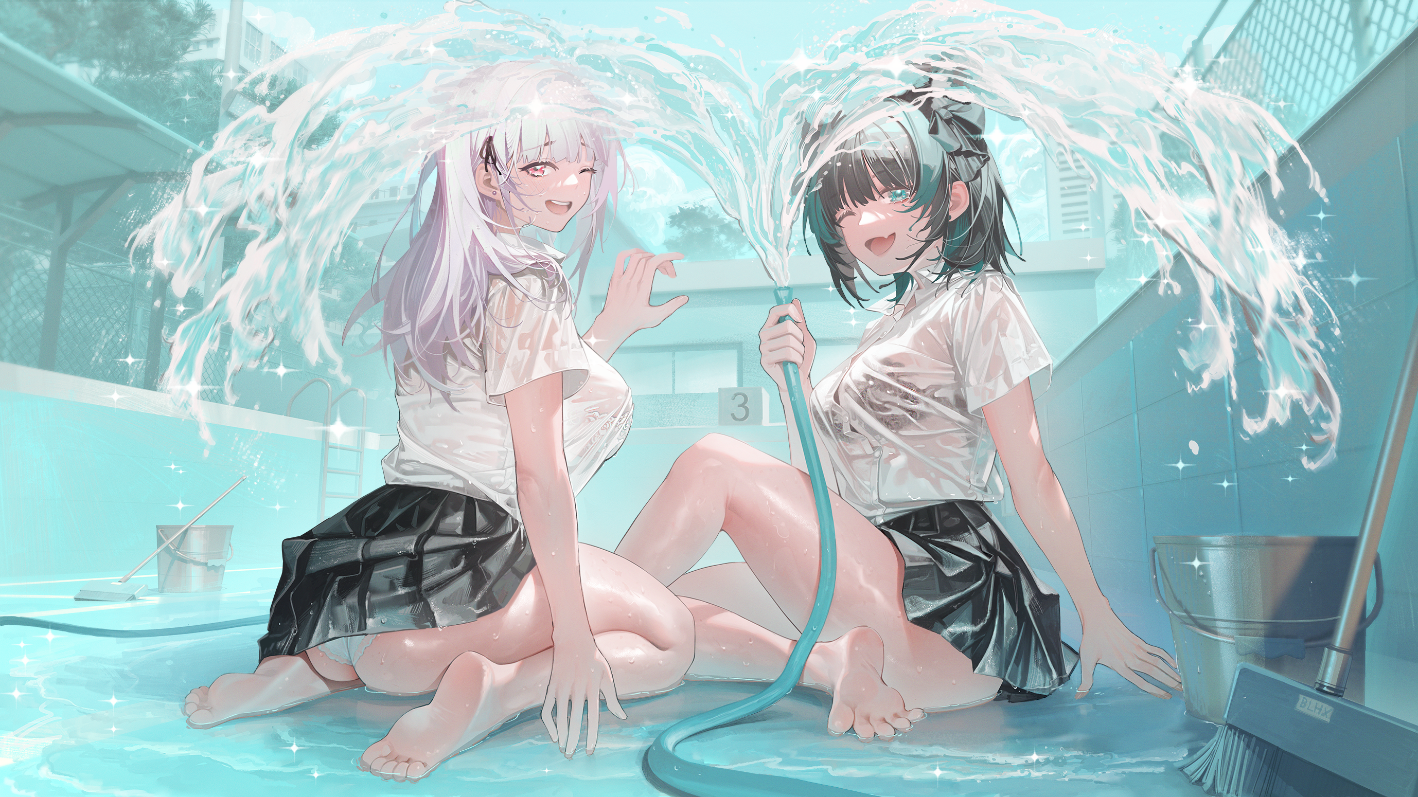 Anime 2756x1550 Azur Lane wet clothing anime girls school uniform sitting alternate costume Cheshire (Azur Lane) wet Dido (Azur Lane) kneeling swimming pool panties water drops looking back looking at viewer bucket cleaning schoolgirl foot sole barefoot Koi Han two women underwear big boobs upskirt women outdoors see-through clothing toes broom skirt shirt one eye closed thighs open mouth laughing water feet sky wet body white shirt bright