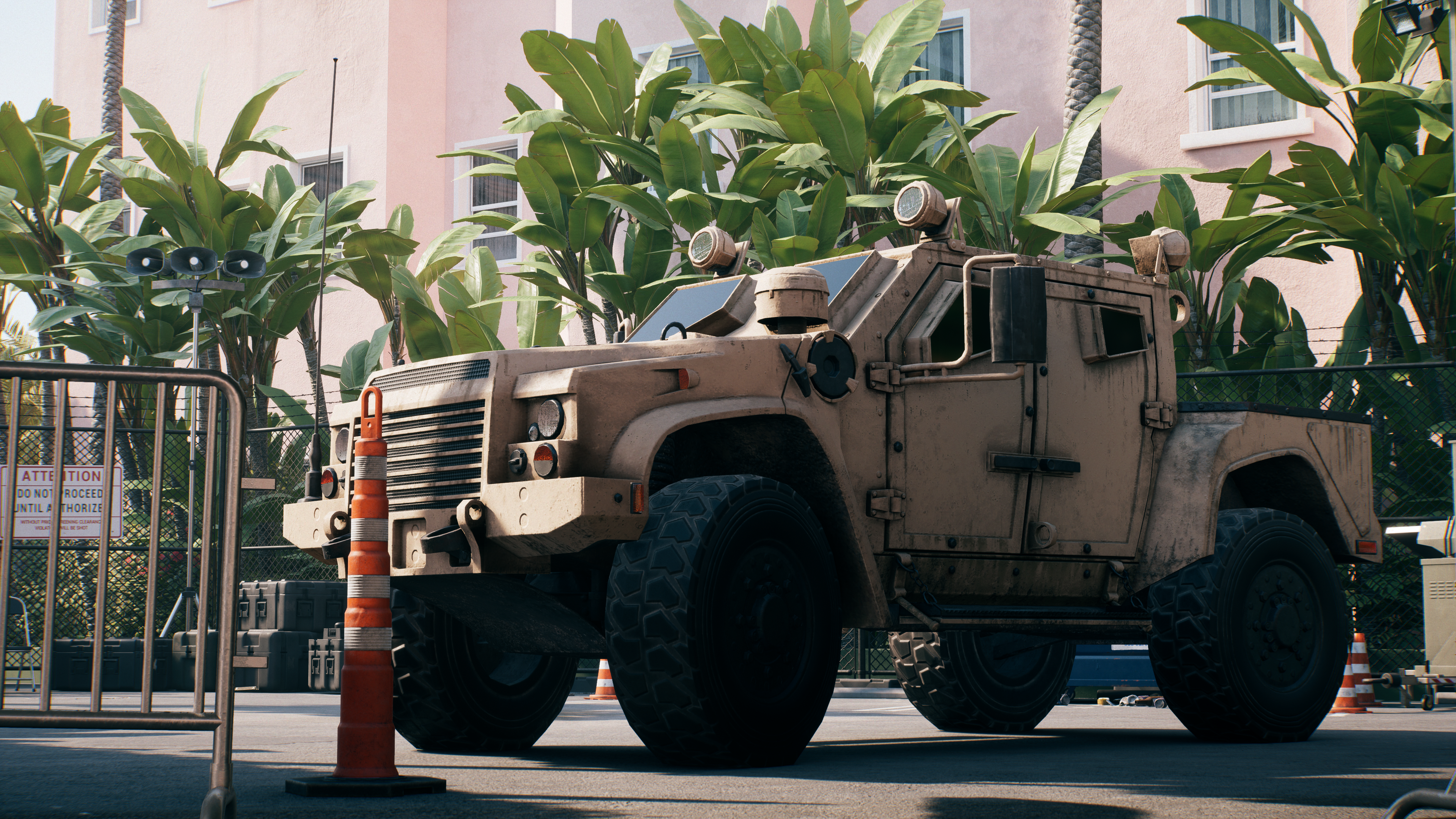 General 3840x2160 Dead Island 2 Nvidia RTX video games CGI vehicle frontal view leaves fence sign building traffic cone