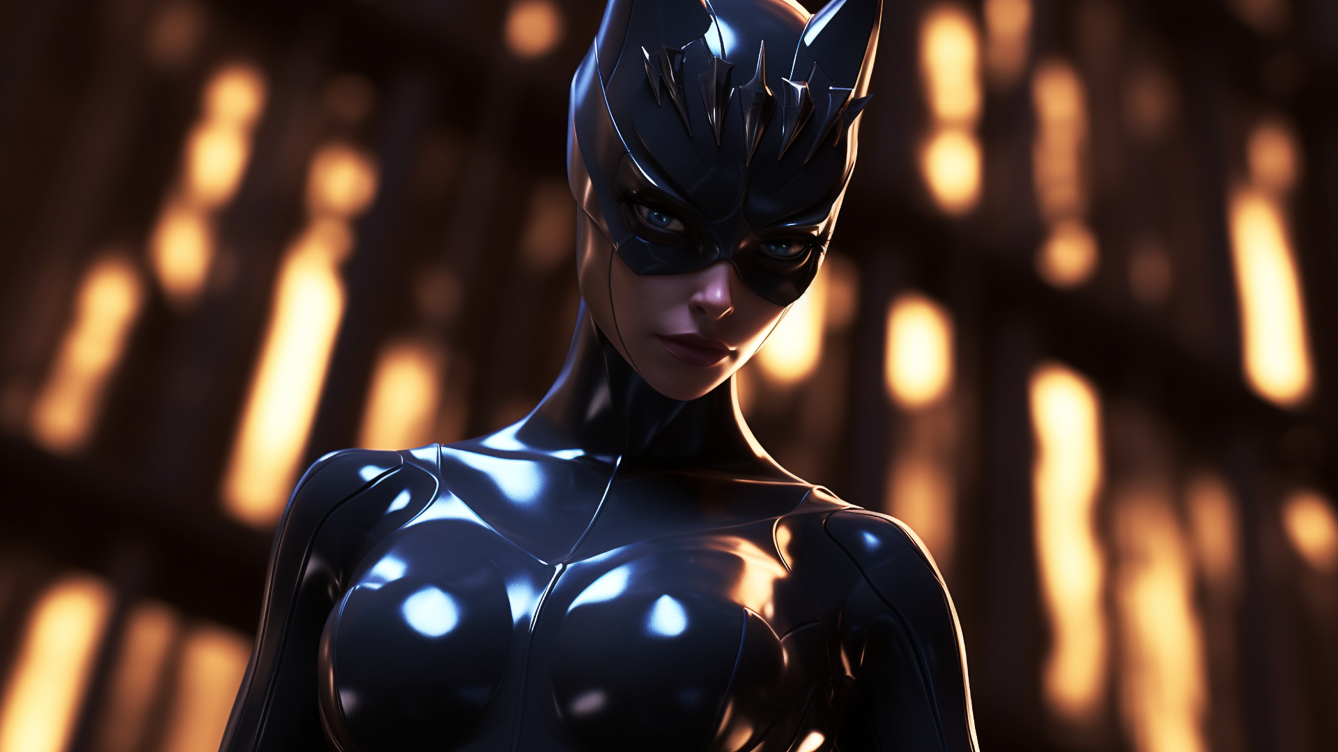 General 1920x1080 AI art women DC Comics Catwoman blurred blurry background bodysuit digital art villains looking at viewer mask