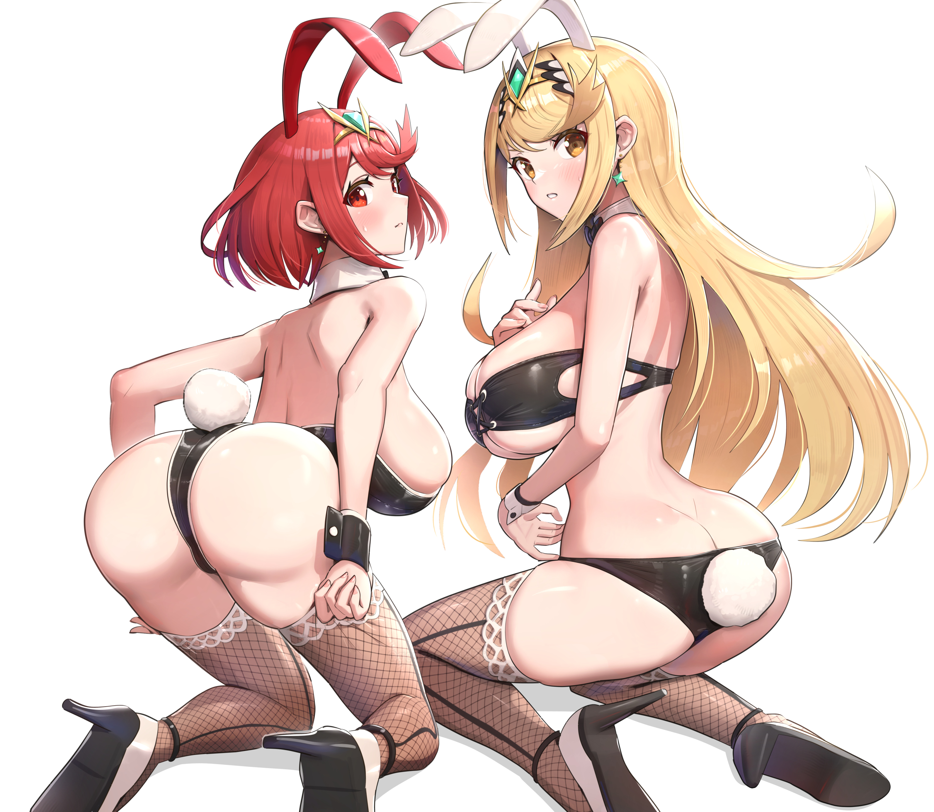 Anime 3187x2770 Xenoblade Chronicles ass anime girls looking back Hikari (Xenoblade Chronicles 2) Homura (Xenoblade 2) tail two women animal ears bunny ears bunny tail looking at viewer blonde yellow eyes redhead bunny suit bunny girl red eyes bare shoulders bareback huge breasts butt crack fishnet fishnet pantyhose heels sideboob minimalism simple background back white background tiaras kneeling rear view leotard black leotard high heels cleavage bent over jewelry Gonzarez wristwear