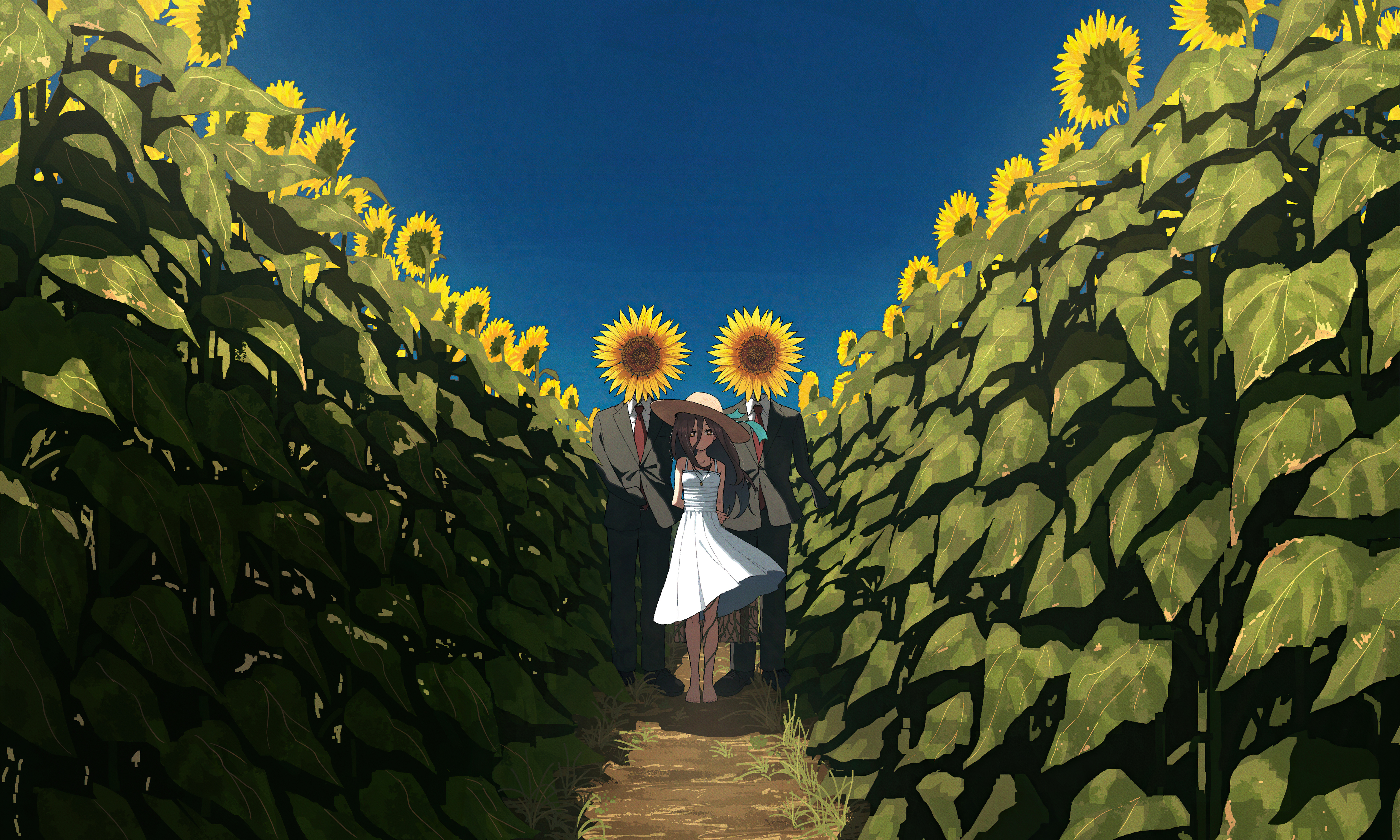 Anime 5120x3073 anime girls clear sky sunflowers summer dress straw hat sky leaves looking at viewer standing long hair white dress path sun dress barefoot