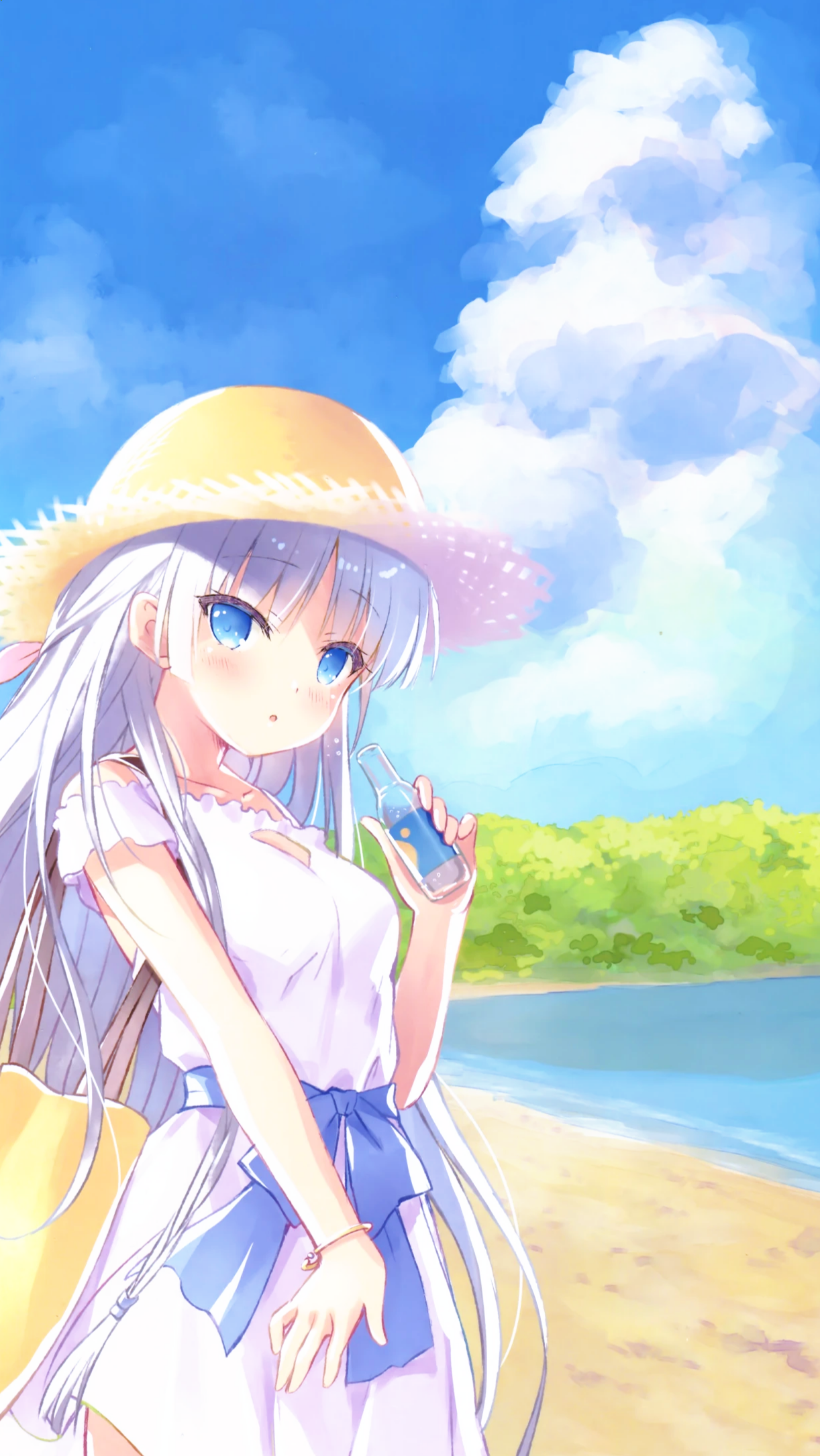 Anime 1222x2172 Summer Pockets anime girls long hair white hair blue eyes looking at viewer dress straw hat standing sky clouds water bow tie portrait display