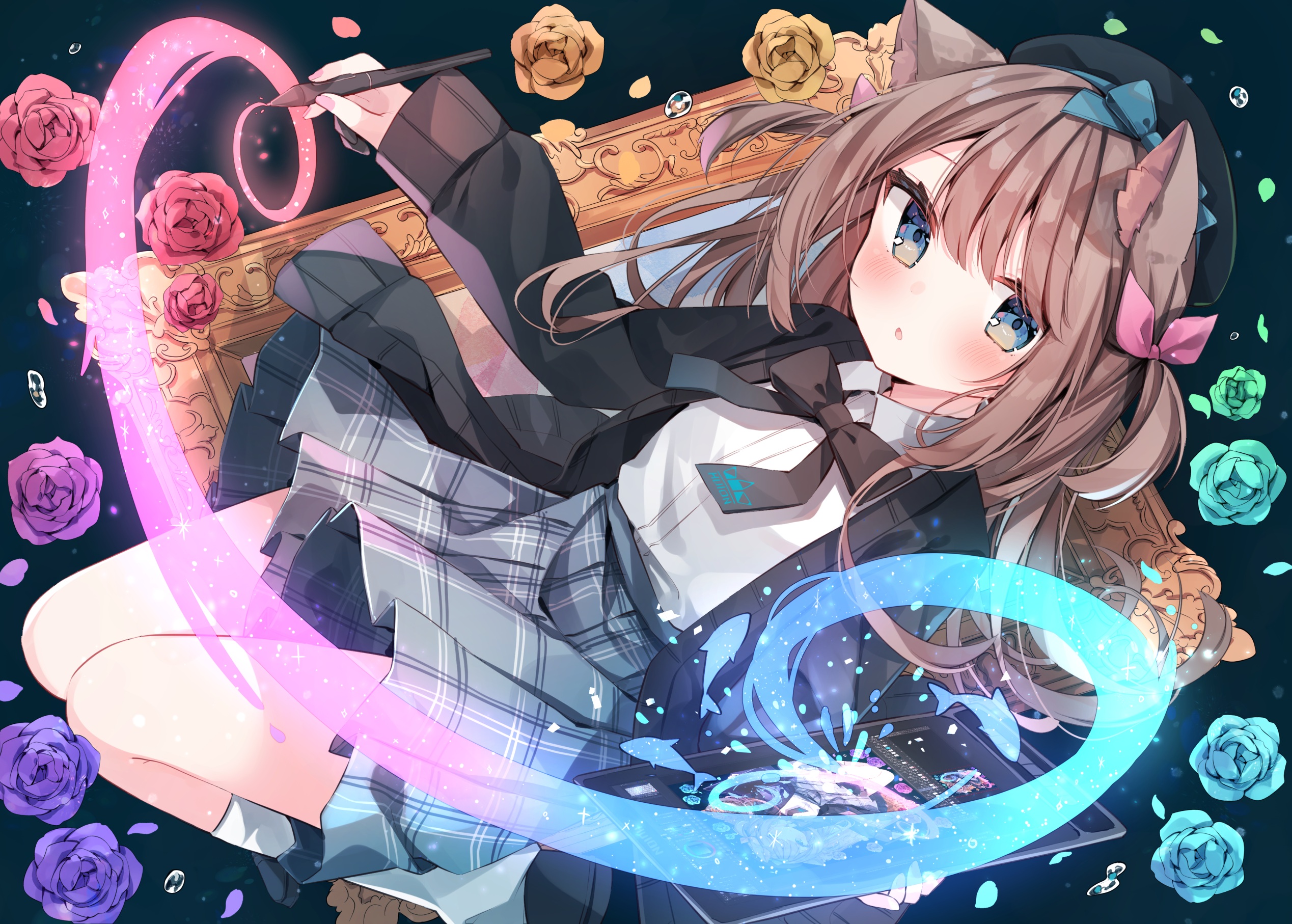 Anime 2537x1814 anime anime girls brunette blue eyes cat girl cat ears flowers picture frames looking at viewer bow tie schoolgirl school uniform long hair hat hair bows water drops blushing skirt