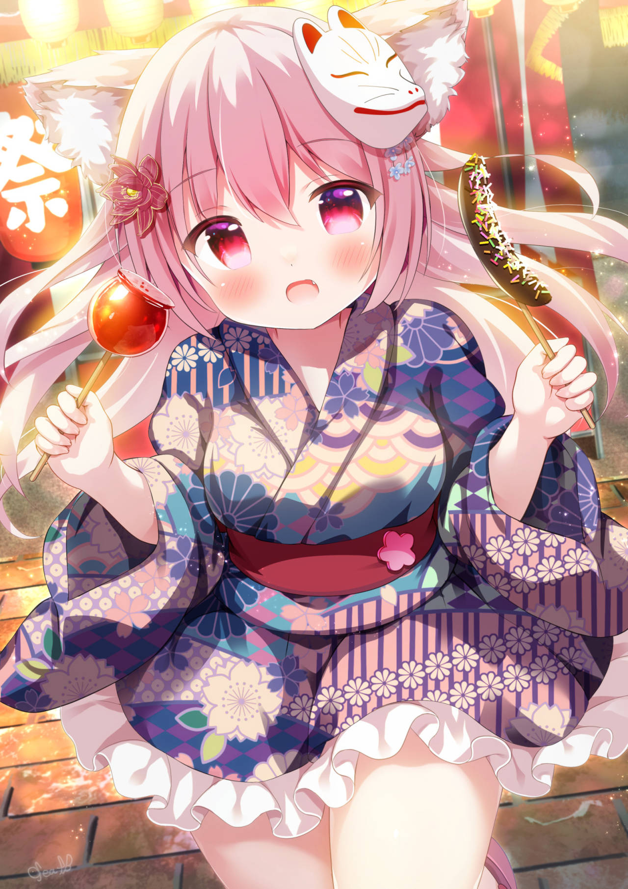 Anime 1280x1810 anime girls Blue Archive blushing long hair fox mask candy apple kimono looking at viewer portrait display sweets fox girl fox ears pink hair red eyes open mouth
