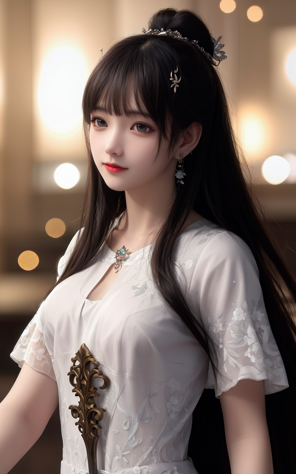 General 960x1536 AI art boobs white skirt white dress chinese dress Asian women long hair portrait display earring blurred blurry background looking away digital art