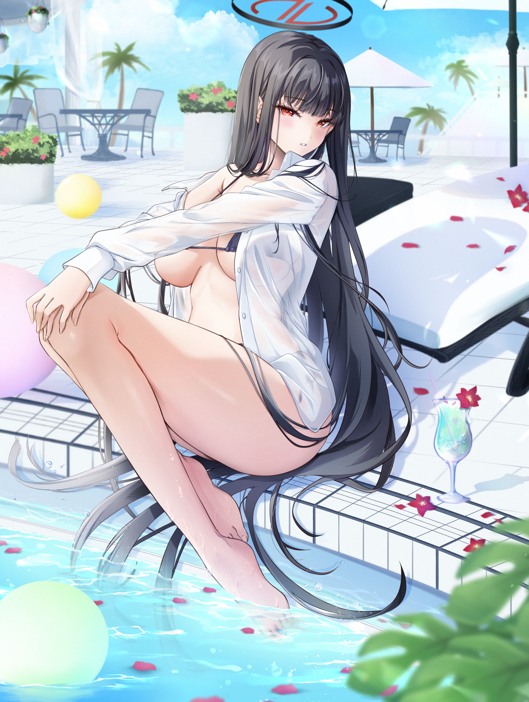 Anime 1800x2388 Blue Archive swimwear anime girls portrait display Tsukatsuki Rio long hair looking at viewer flowers black bikinis black hair bikini swimming pool white shirt red eyes cocktails beach ball long sleeves petals sitting palm trees barefoot leaves blushing drink red flowers water outdoors big boobs Yoru0409 parted lips legs together wet body women outdoors sky thighs legs feet clouds ball toes