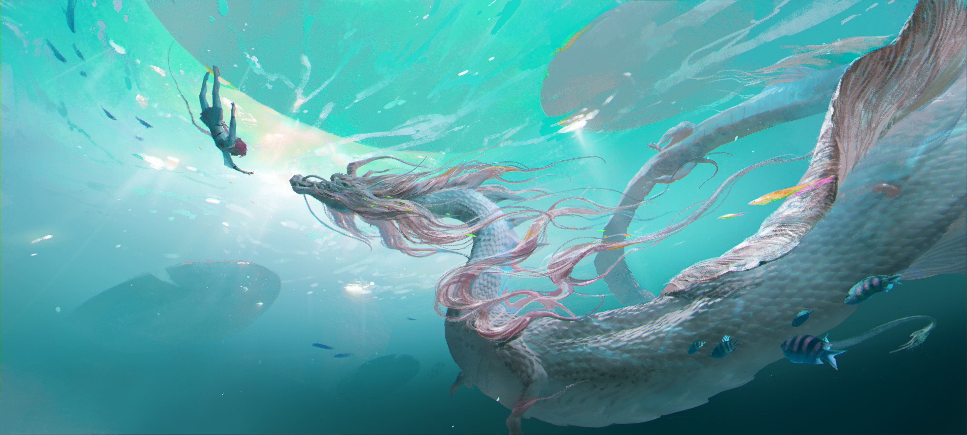 General 3840x1728 underwater Chinese dragon Tea Me creature water in water dragon fish animals artwork digital art