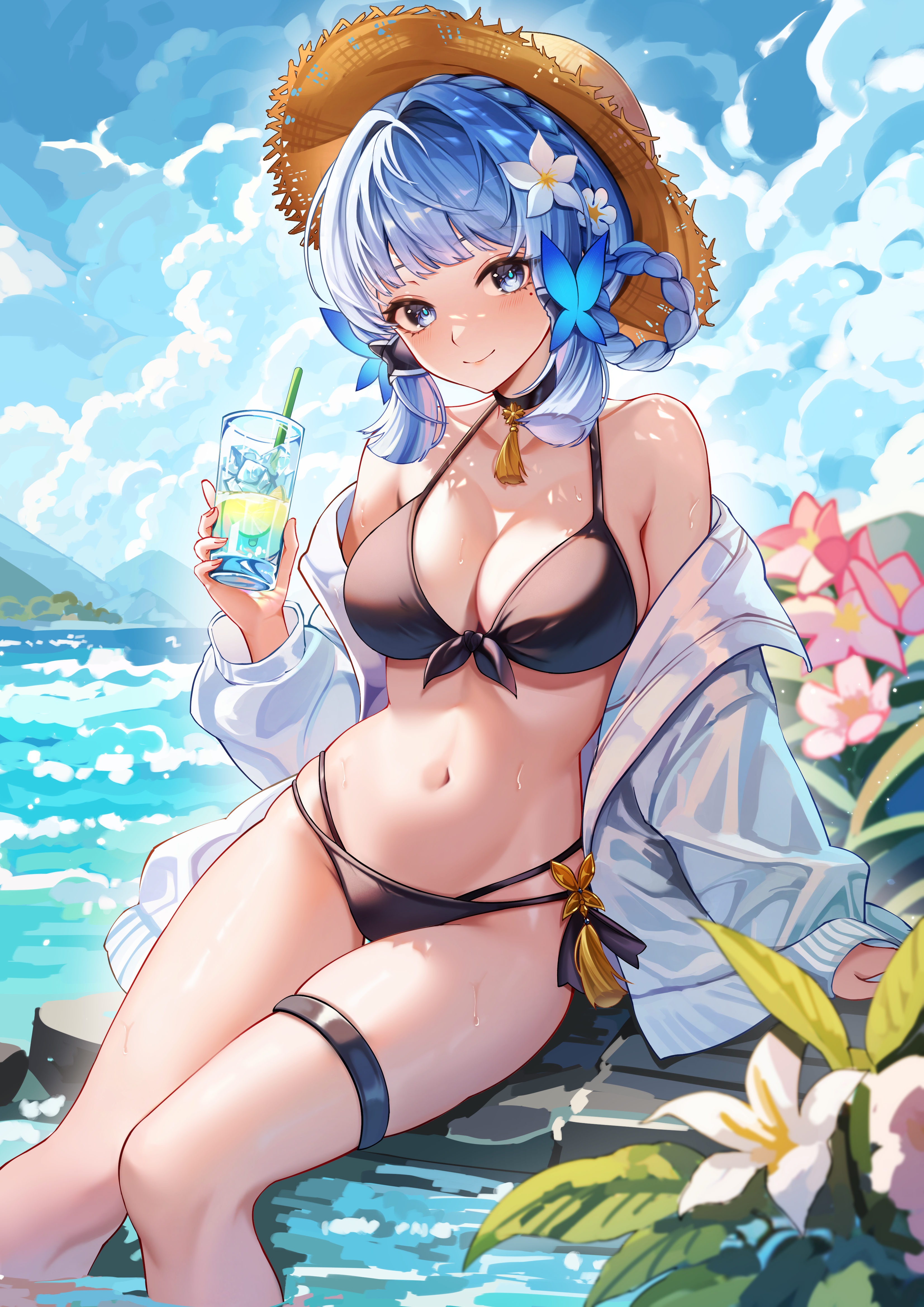 Anime 3307x4677 Genshin Impact swimwear anime girls portrait display Kamisato Ayaka (Genshin Impact) black bikinis straw hat looking at viewer sitting arm support flowers mole under eye moles flower in hair clouds bare shoulders choker big boobs cleavage thigh strap open shirt water long sleeves hair ornament sun hats smiling women outdoors Chen Ying black swimsuit drink thighs sky leaves belly hat