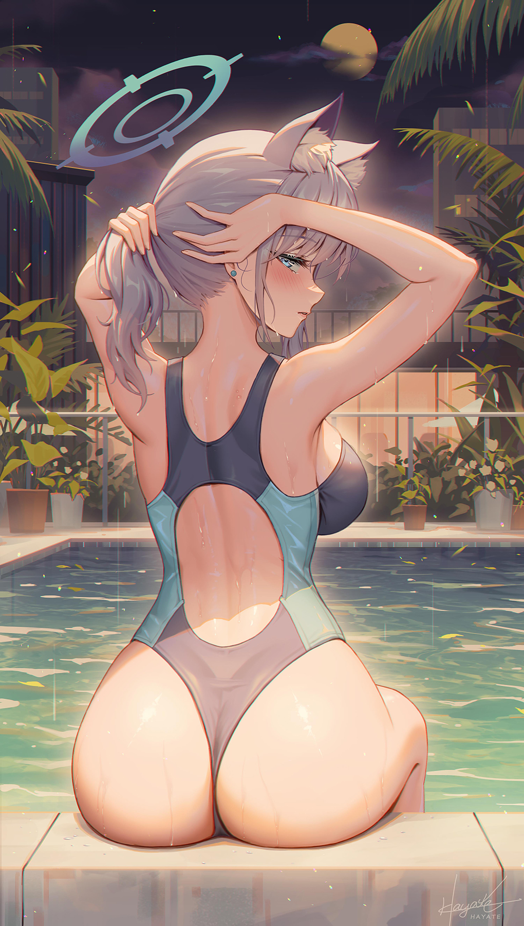 Anime 1020x1800 Blue Archive swimwear anime girls portrait display Shiroko (Blue Archive) ass one-piece swimsuit plants swimming pool full moon looking sideways Moon looking at viewer leaves animal ears rear view gray hair ear piercing long hair big boobs blue eyes signature women outdoors water looking over shoulder sky hands in hair wet body night clouds wet Leaf98k arms up back wolf ears